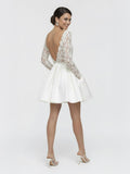 Simple A Line Short Knee-length Satin Lace Bateau Long Sleeve Wedding Dress