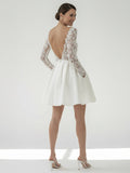 Simple A Line Short Knee-length Satin Lace Bateau Long Sleeve Wedding Dress
