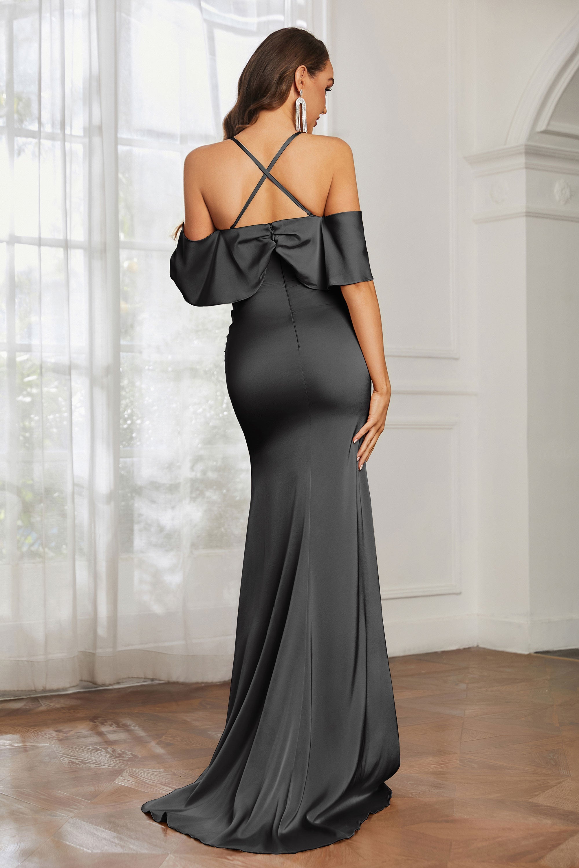 Mermaid Satin Flutter Sleeves Long Formal Evening Dresses Mother of the Bride Gowns Dresses