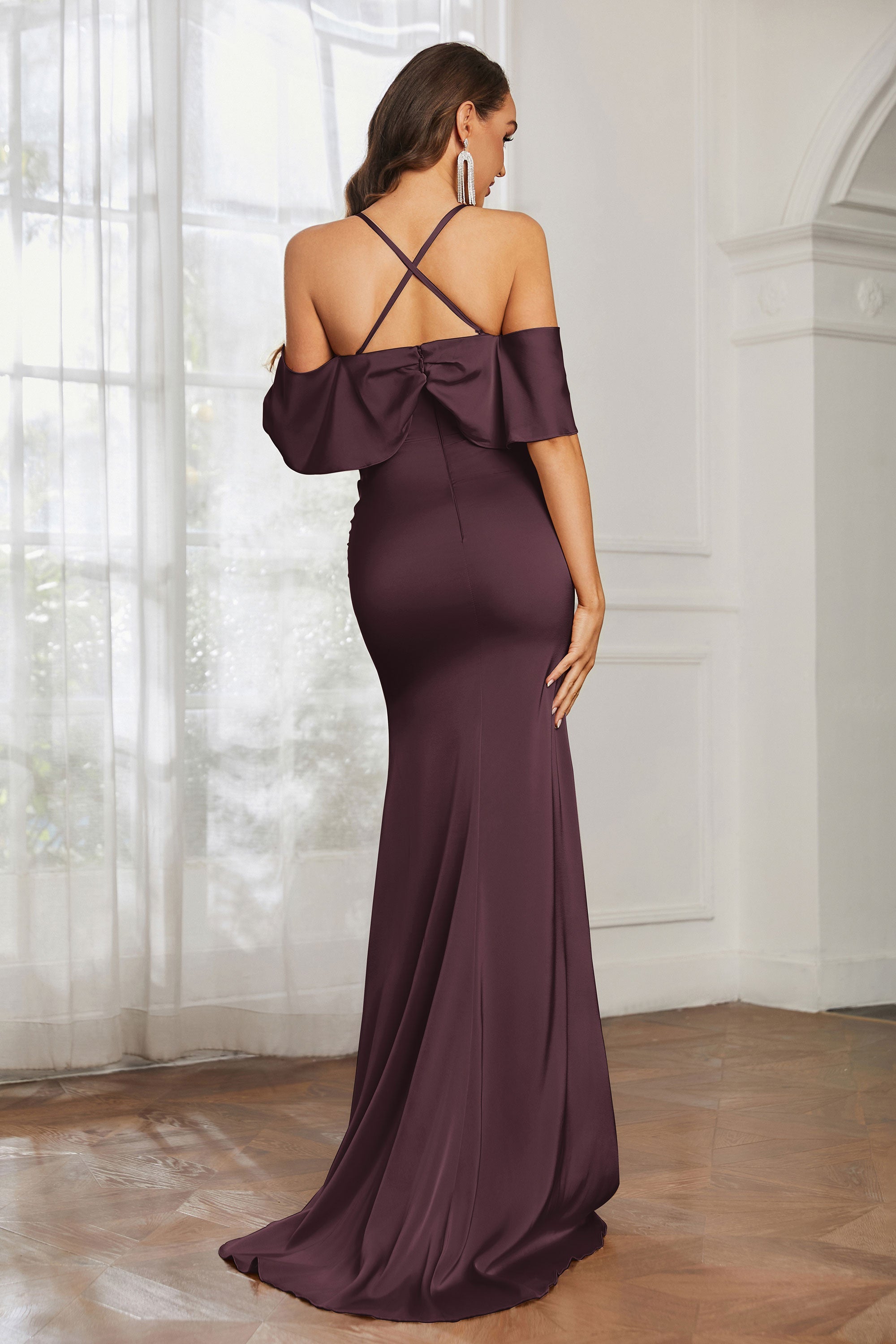 Mermaid Satin Flutter Sleeves Long Formal Evening Dresses Mother of the Bride Gowns Dresses