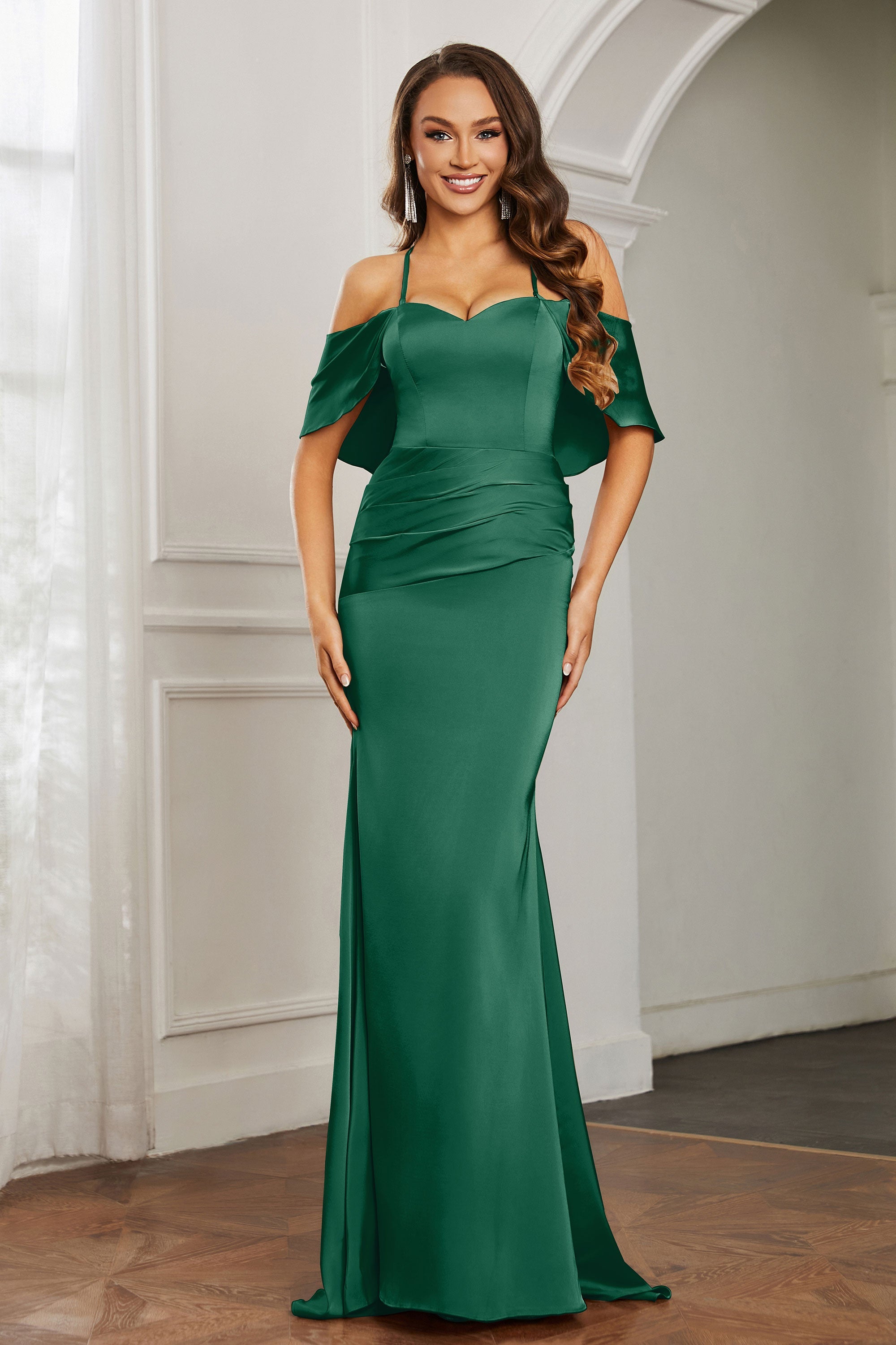 Mermaid Satin Flutter Sleeves Long Formal Evening Dresses Mother of the Bride Gowns Dresses