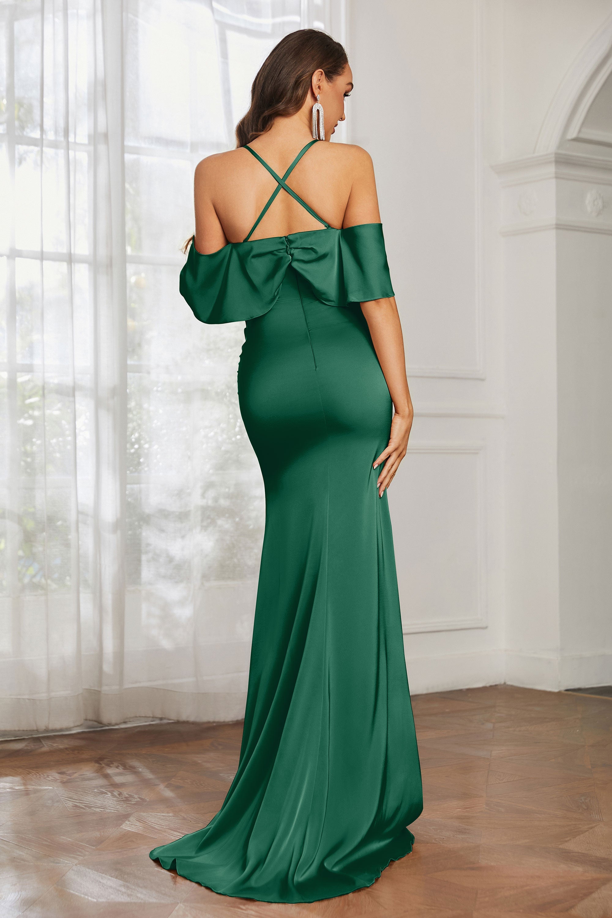 Mermaid Satin Flutter Sleeves Long Formal Evening Dresses Mother of the Bride Gowns Dresses