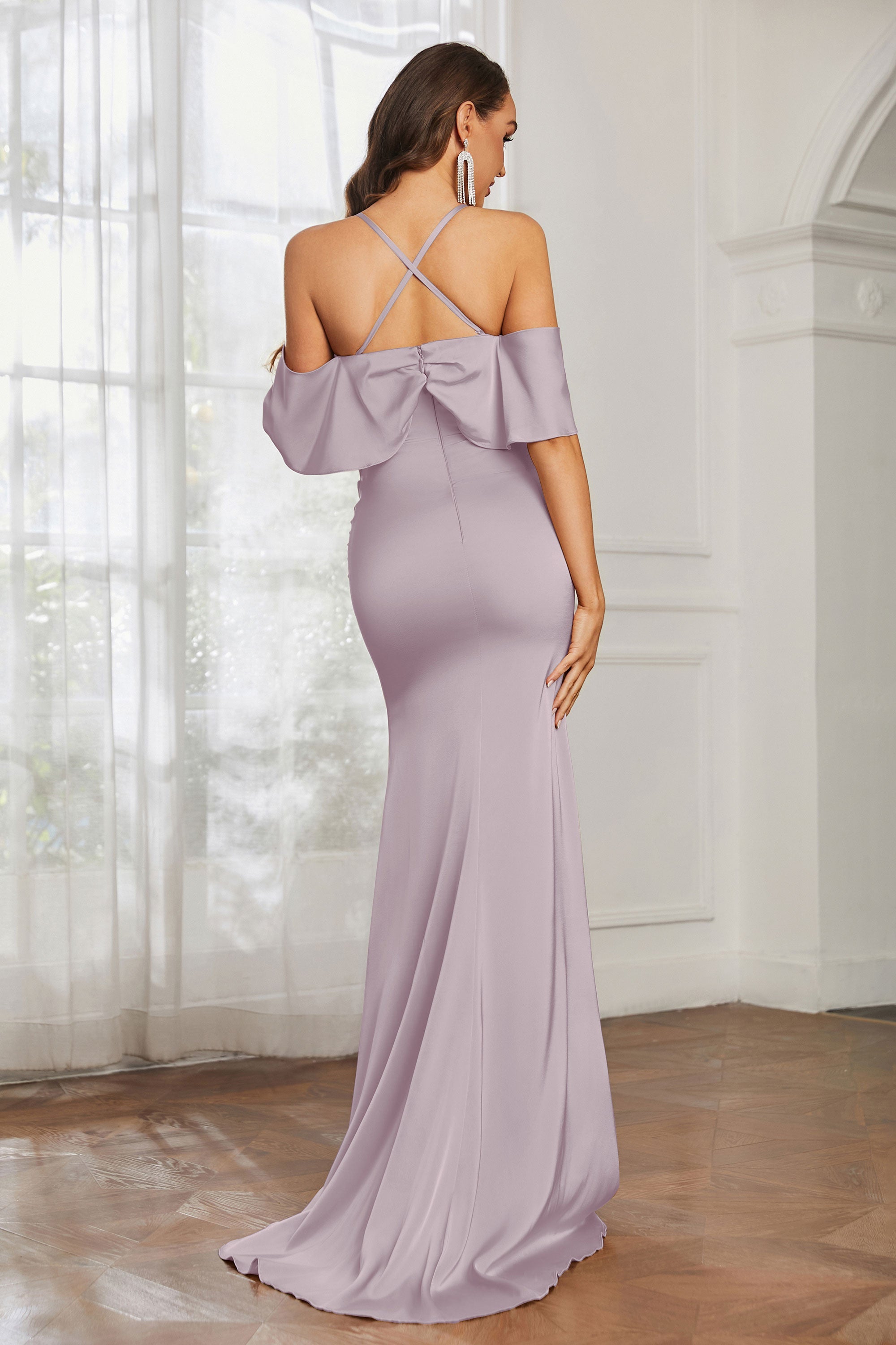 Mermaid Satin Flutter Sleeves Long Formal Evening Dresses Mother of the Bride Gowns Dresses