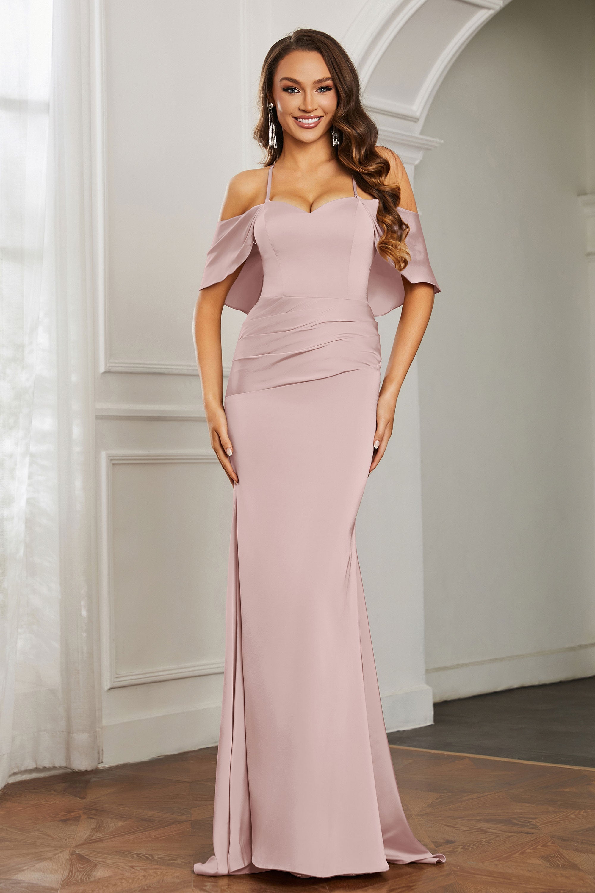 Mermaid Satin Flutter Sleeves Long Formal Evening Dresses Mother of the Bride Gowns Dresses