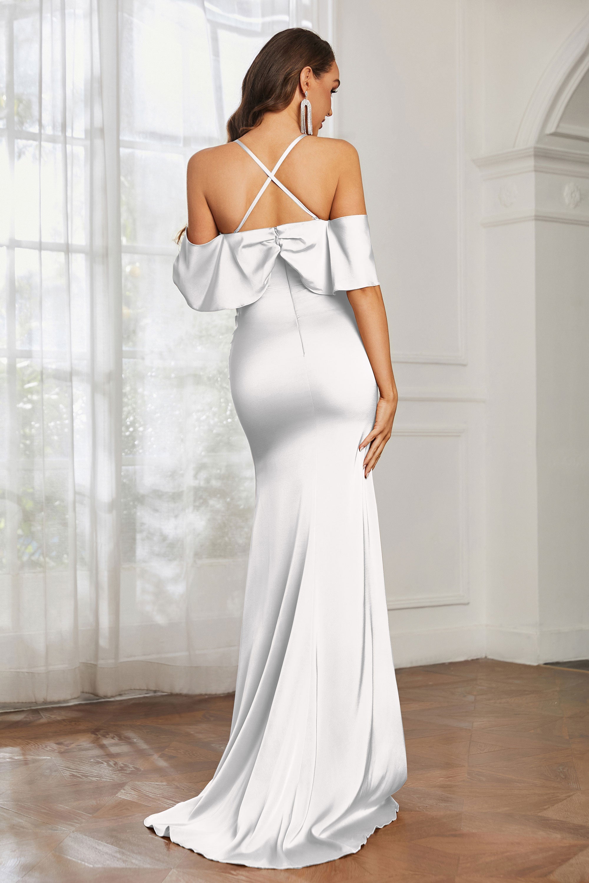 Mermaid Satin Flutter Sleeves Long Formal Evening Dresses Mother of the Bride Gowns Dresses