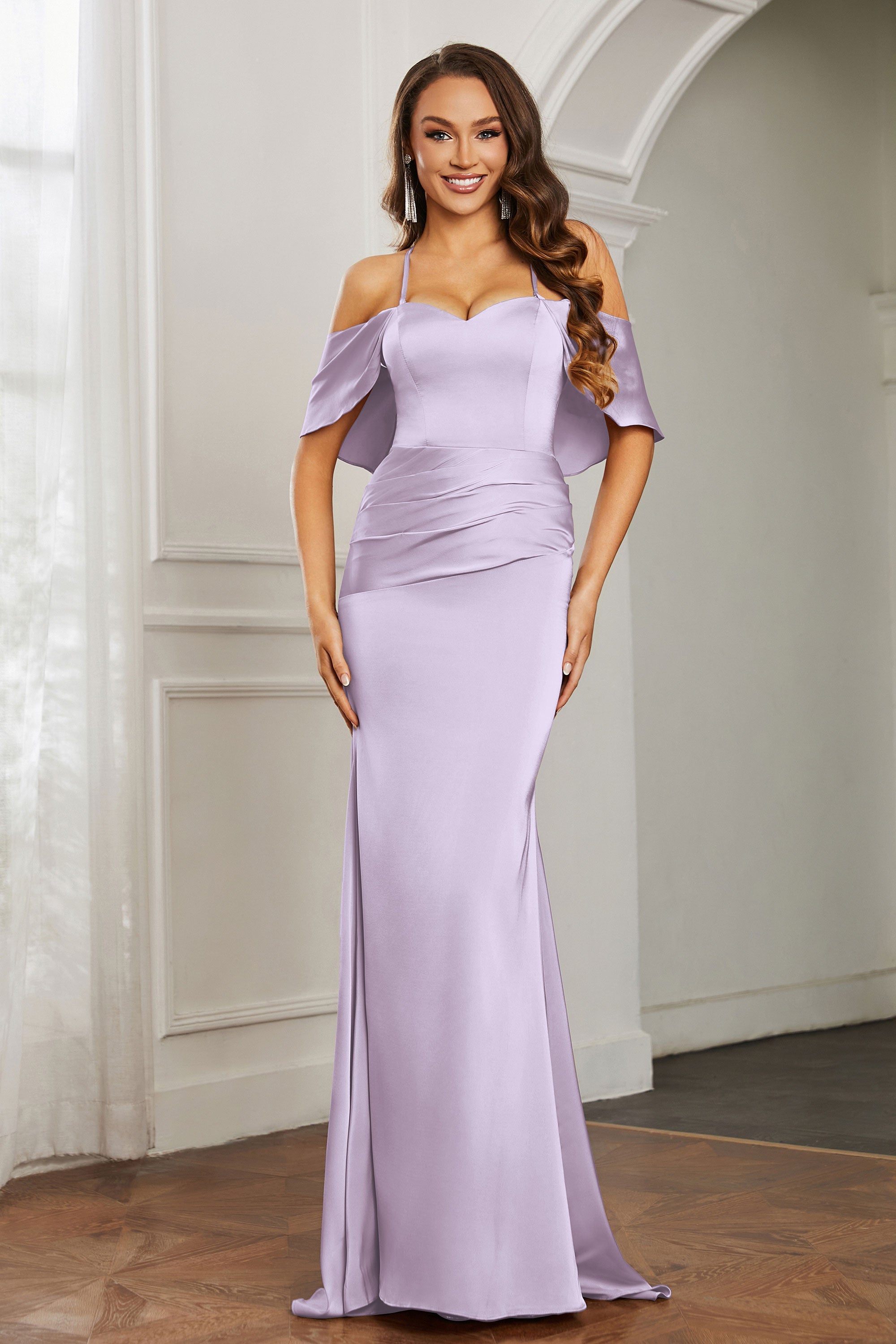 Mermaid Satin Flutter Sleeves Long Formal Evening Dresses Mother of the Bride Gowns Dresses