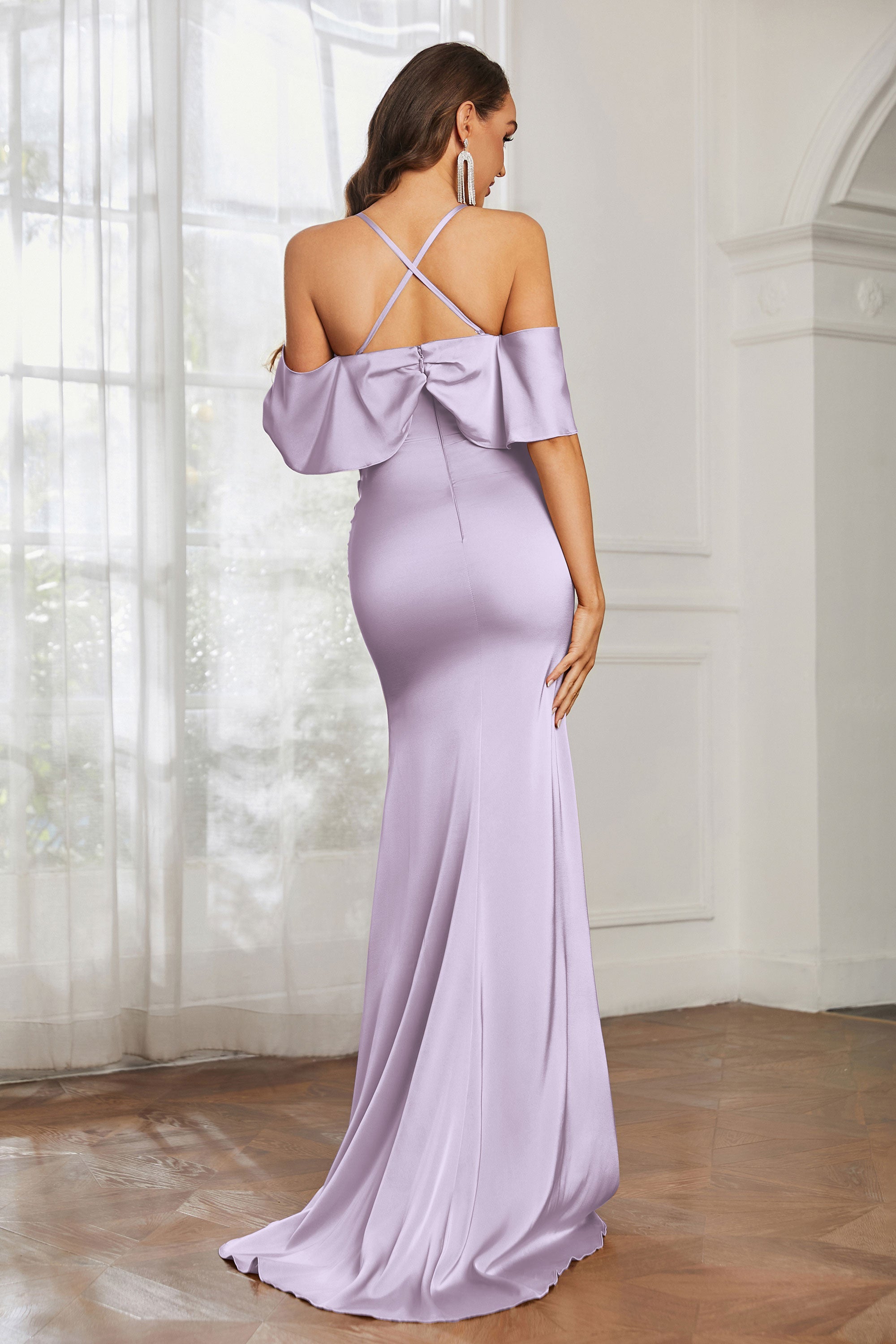 Mermaid Satin Flutter Sleeves Long Formal Evening Dresses Mother of the Bride Gowns Dresses