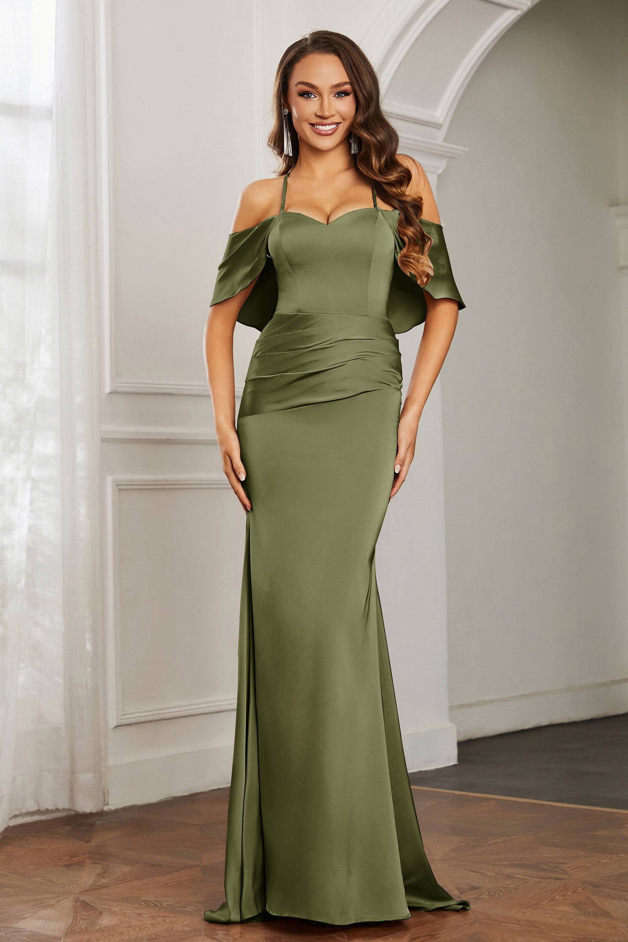 Mermaid Satin Flutter Sleeves Long Formal Evening Dresses Mother of the Bride Gowns Dresses