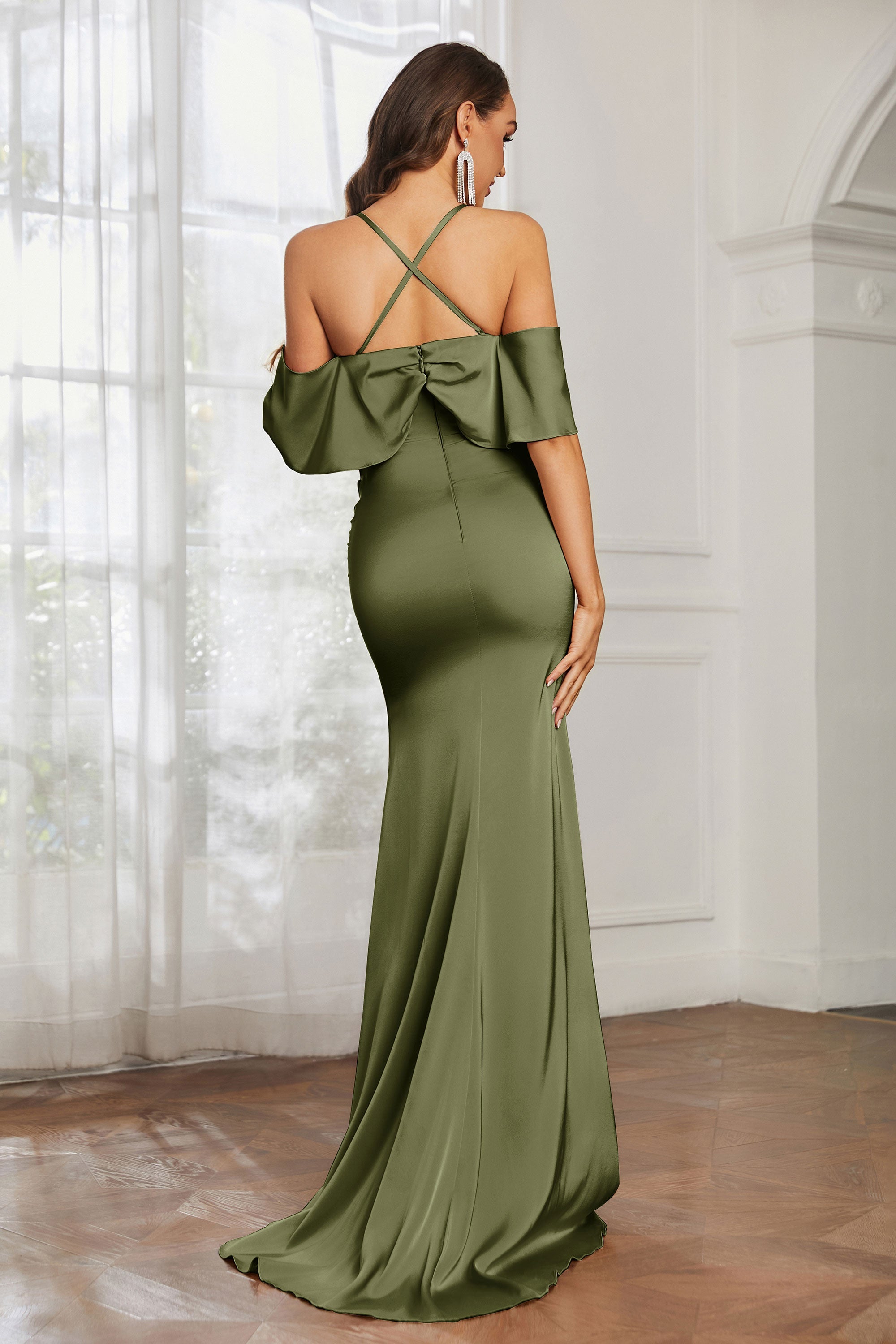 Mermaid Satin Flutter Sleeves Long Formal Evening Dresses Mother of the Bride Gowns Dresses