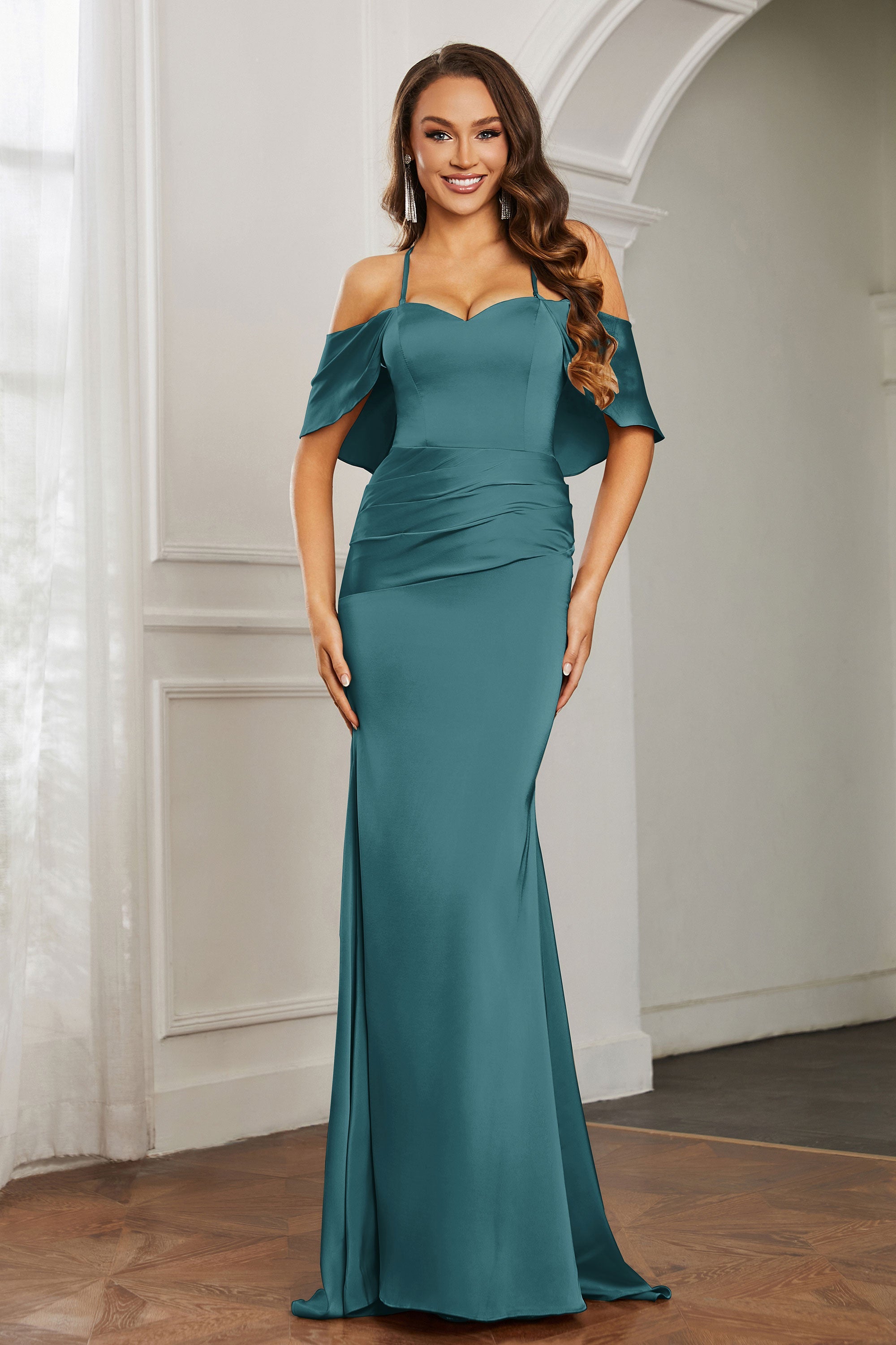 Mermaid Satin Flutter Sleeves Long Formal Evening Dresses Mother of the Bride Gowns Dresses
