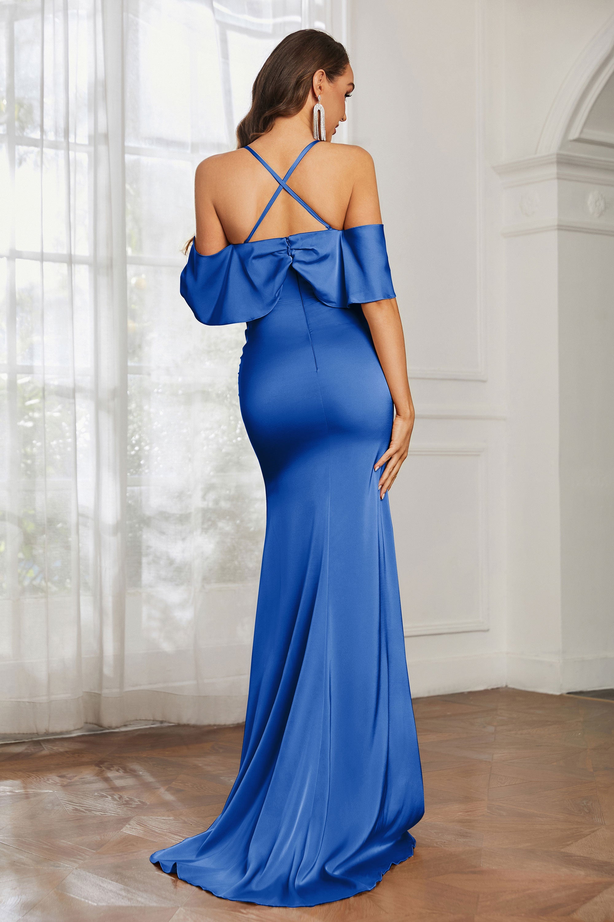 Mermaid Satin Flutter Sleeves Long Formal Evening Dresses Mother of the Bride Gowns Dresses