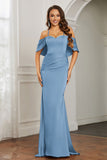 Mermaid Satin Flutter Sleeves Long Formal Evening Dresses Mother of the Bride Gowns Dresses