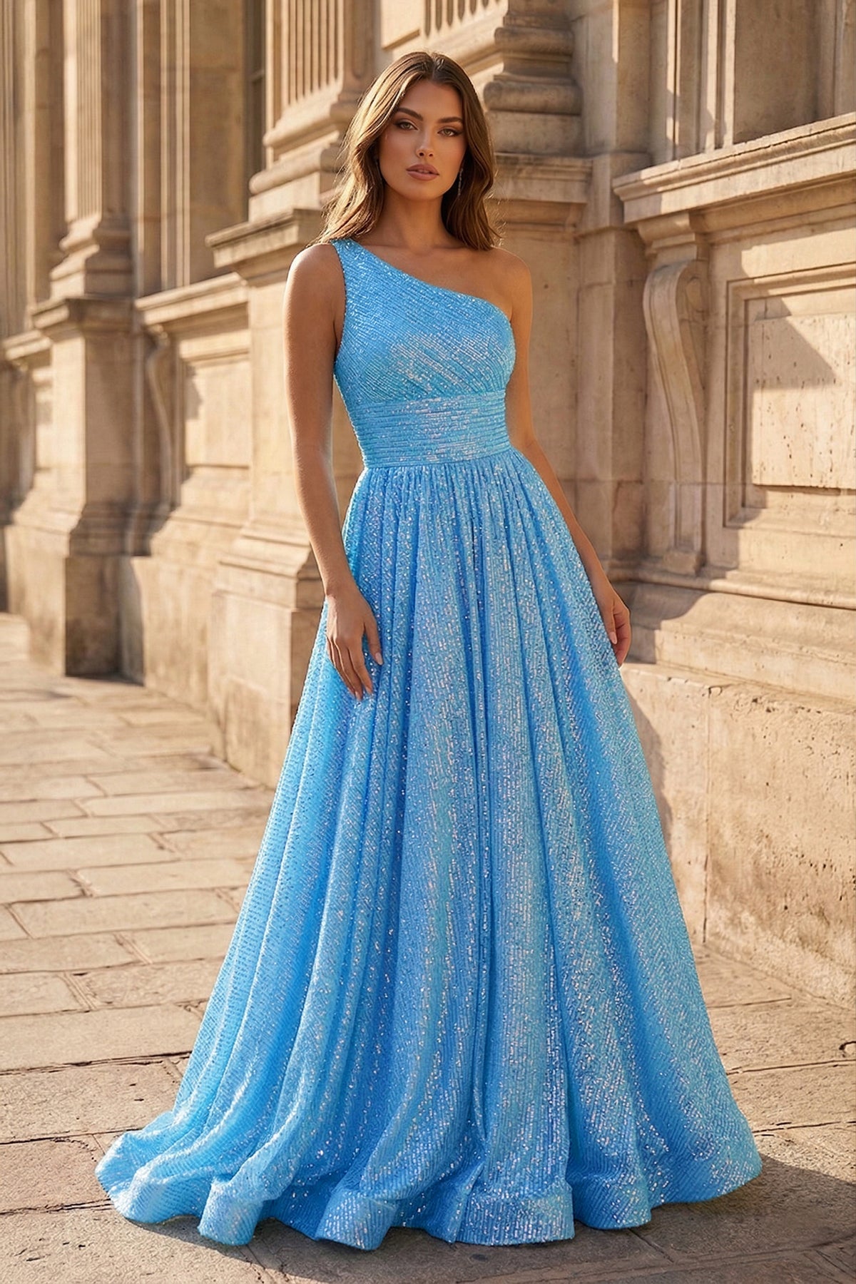A-Line One Shoulder Sequins Prom Dress with Pockets