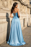 A Line Black Strapless Satin Prom Dresses With Slit