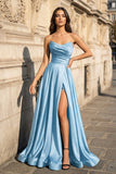 A Line Black Strapless Satin Prom Dresses With Slit