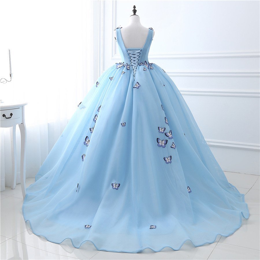 Quinceanera Dress Sky Blue Butterfly Flowers Lace Up Ball Gowns Long Prom Dresses