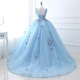 Quinceanera Dress Sky Blue Butterfly Flowers Lace Up Ball Gowns Long Prom Dresses