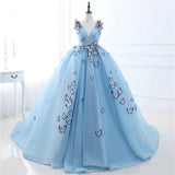 Quinceanera Dress Sky Blue Butterfly Flowers Lace Up Ball Gowns Long Prom Dresses