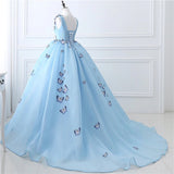 Quinceanera Dress Sky Blue Butterfly Flowers Lace Up Ball Gowns Long Prom Dresses
