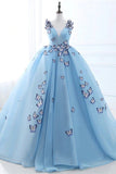 Quinceanera Dress Sky Blue Butterfly Flowers Lace Up Ball Gowns Long Prom Dresses