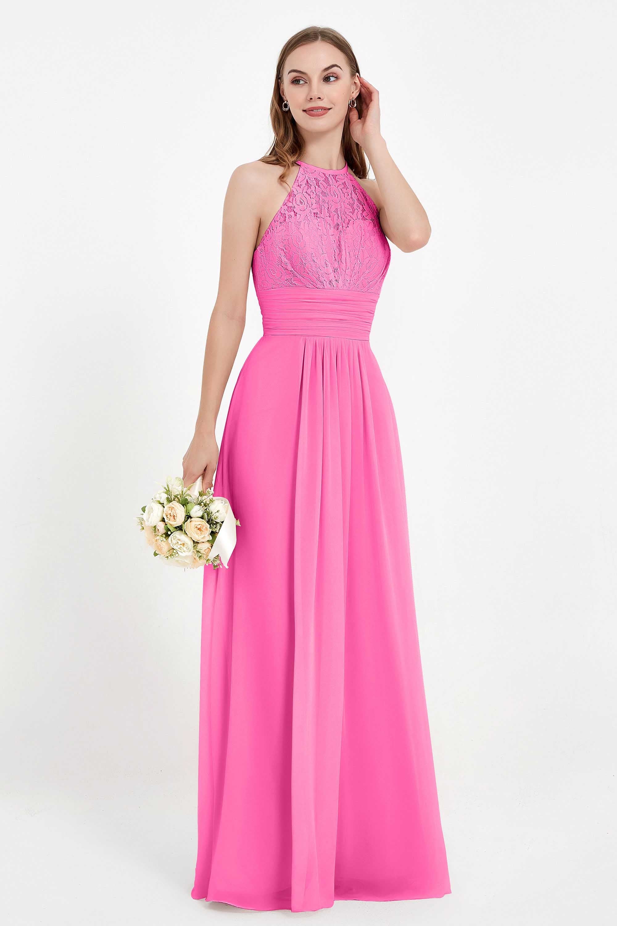 Halter Chiffon Lace Bridesmaid Dress Pleated Ruched Formal Evening Prom Dresses Gowns