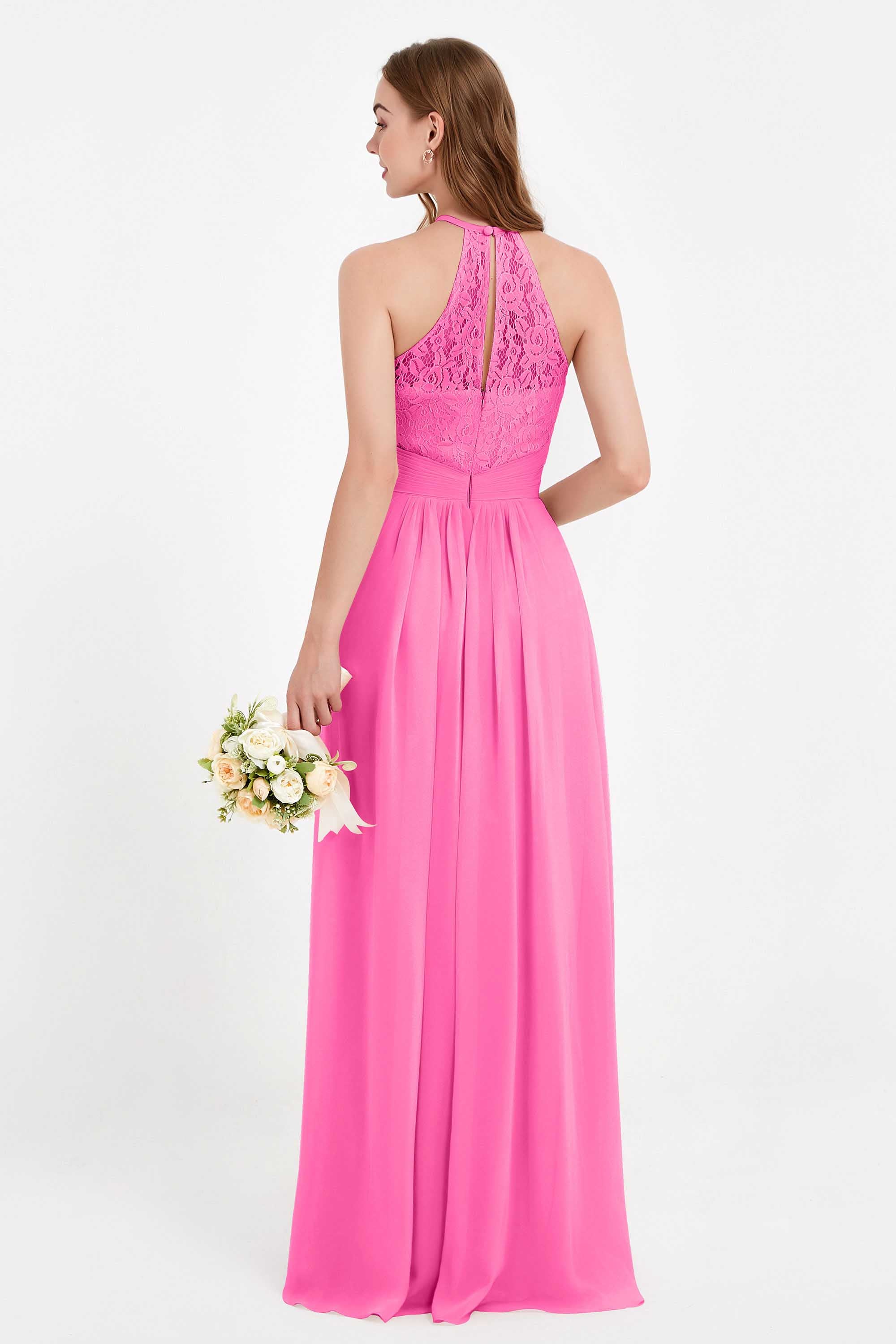 Halter Chiffon Lace Bridesmaid Dress Pleated Ruched Formal Evening Prom Dresses Gowns