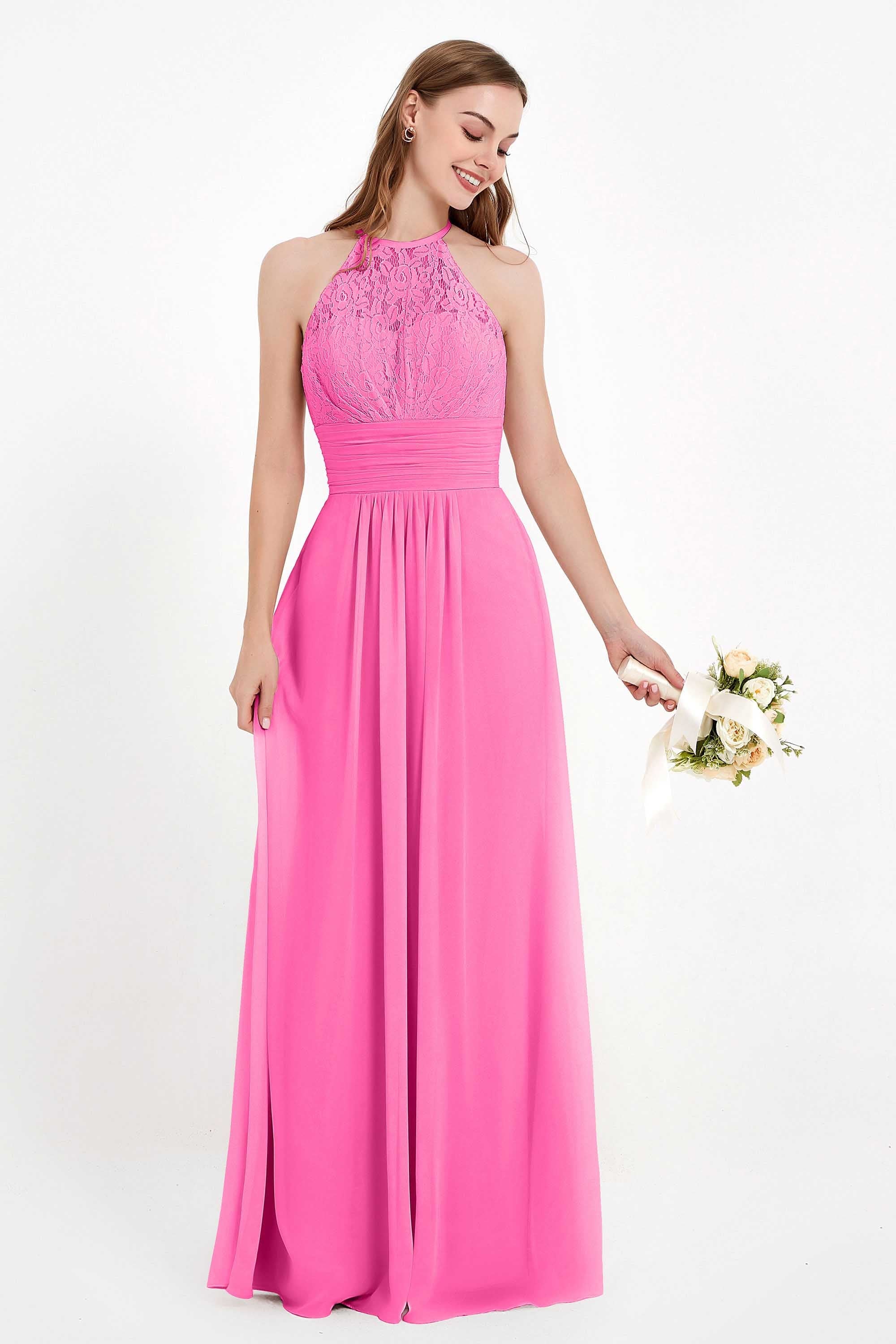 Halter Chiffon Lace Bridesmaid Dress Pleated Ruched Formal Evening Prom Dresses Gowns