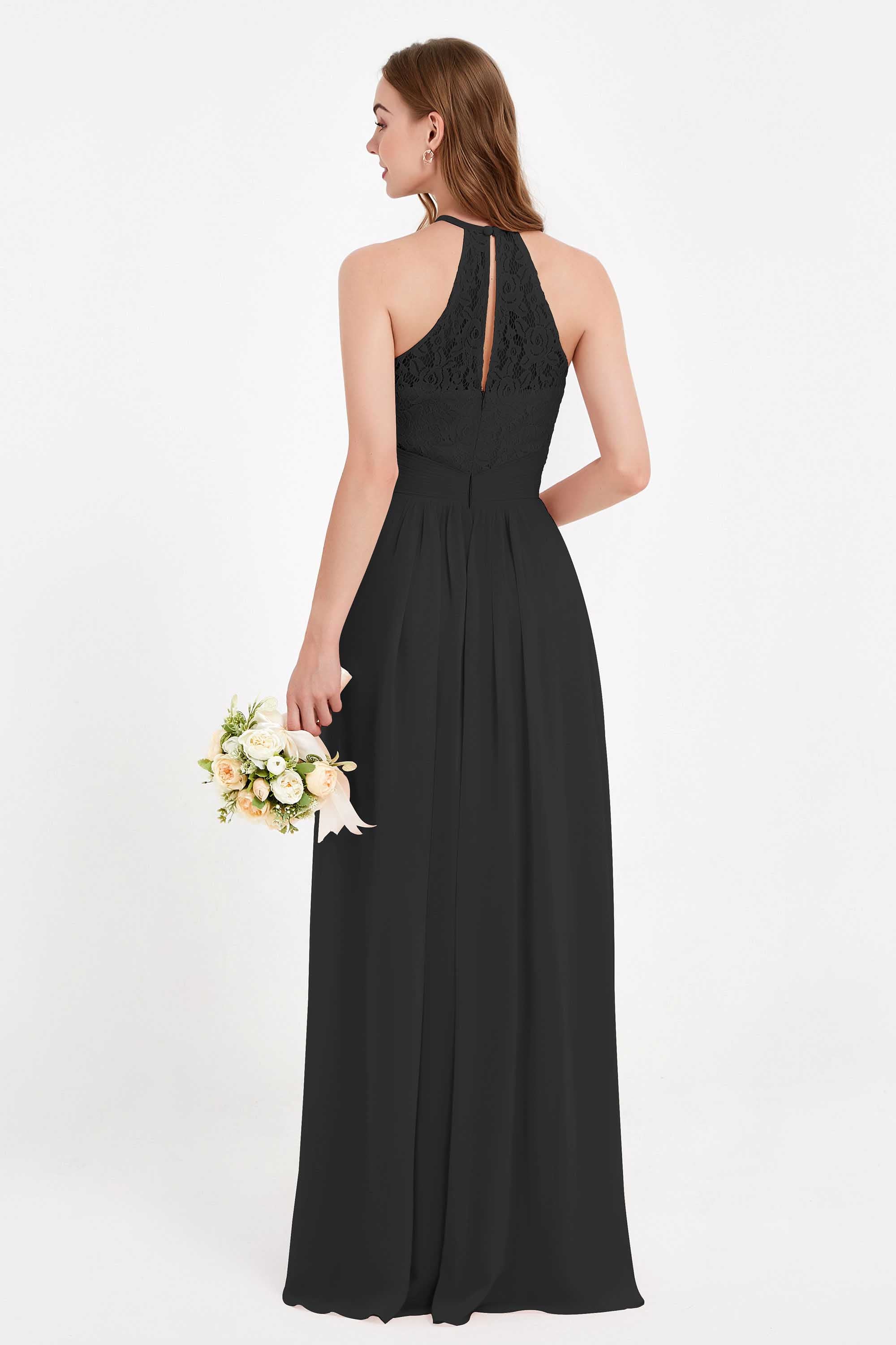 Halter Chiffon Lace Bridesmaid Dress Pleated Ruched Formal Evening Prom Dresses Gowns