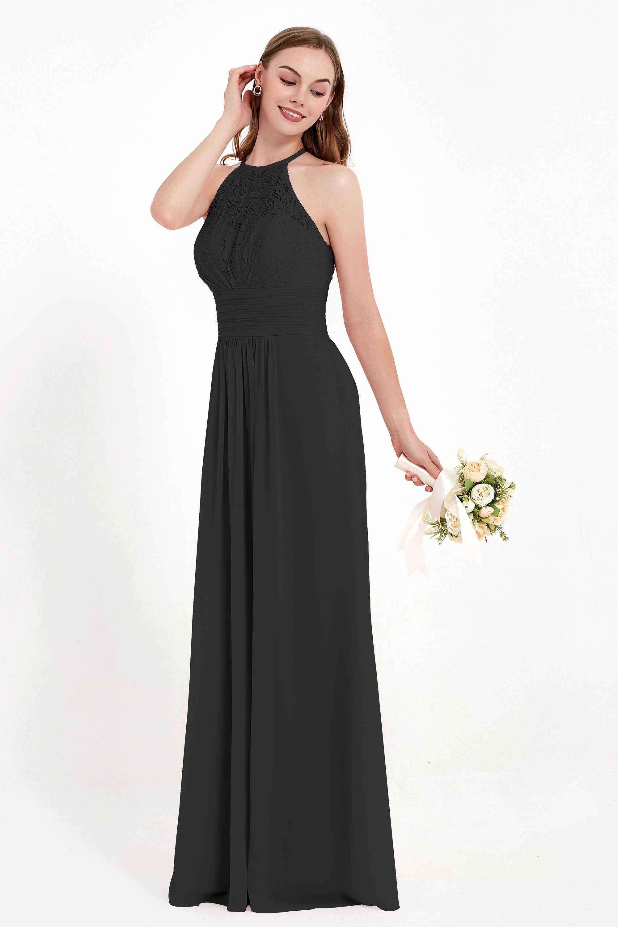 Halter Chiffon Lace Bridesmaid Dress Pleated Ruched Formal Evening Prom Dresses Gowns
