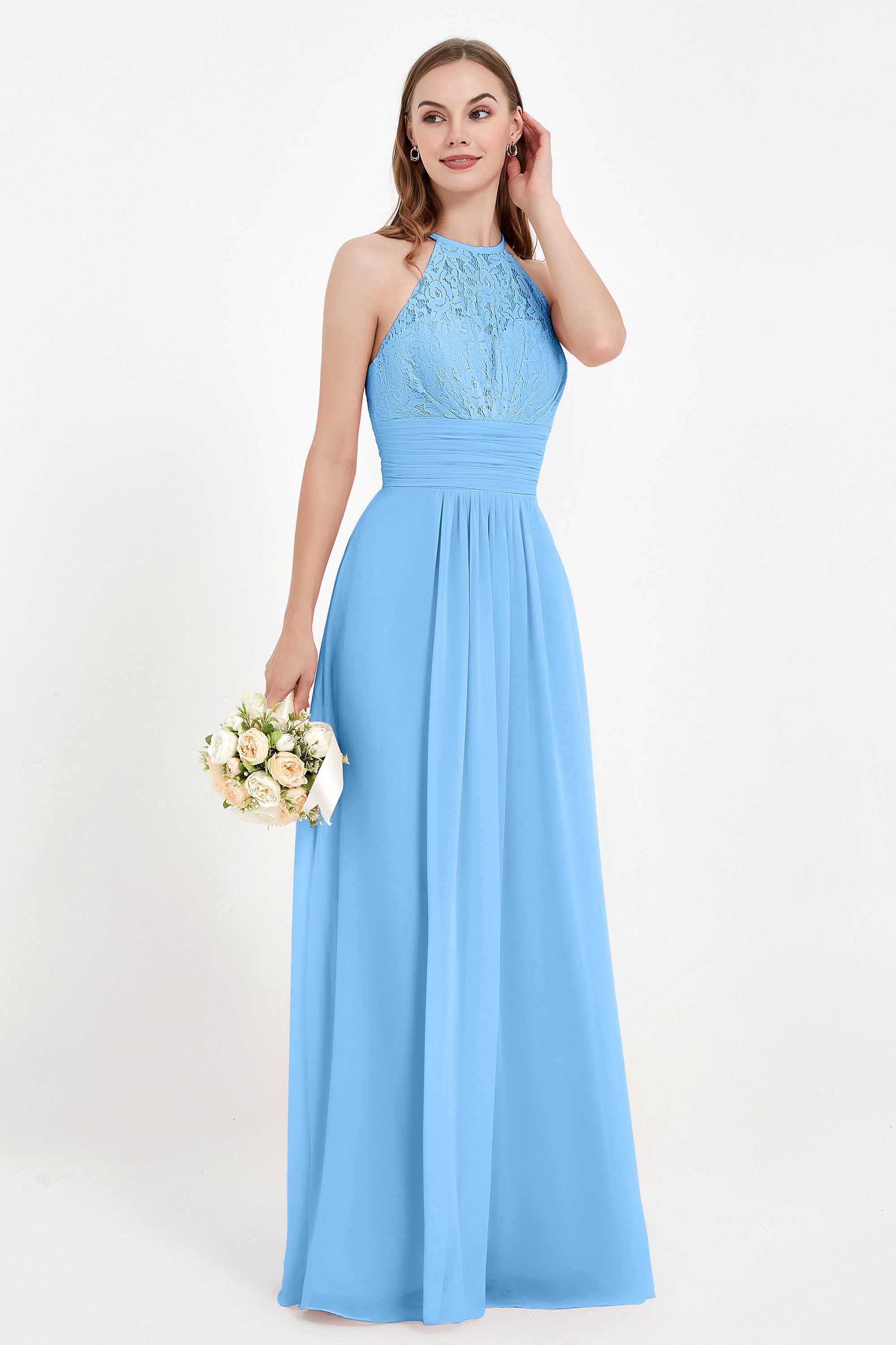 Halter Chiffon Lace Bridesmaid Dress Pleated Ruched Formal Evening Prom Dresses Gowns