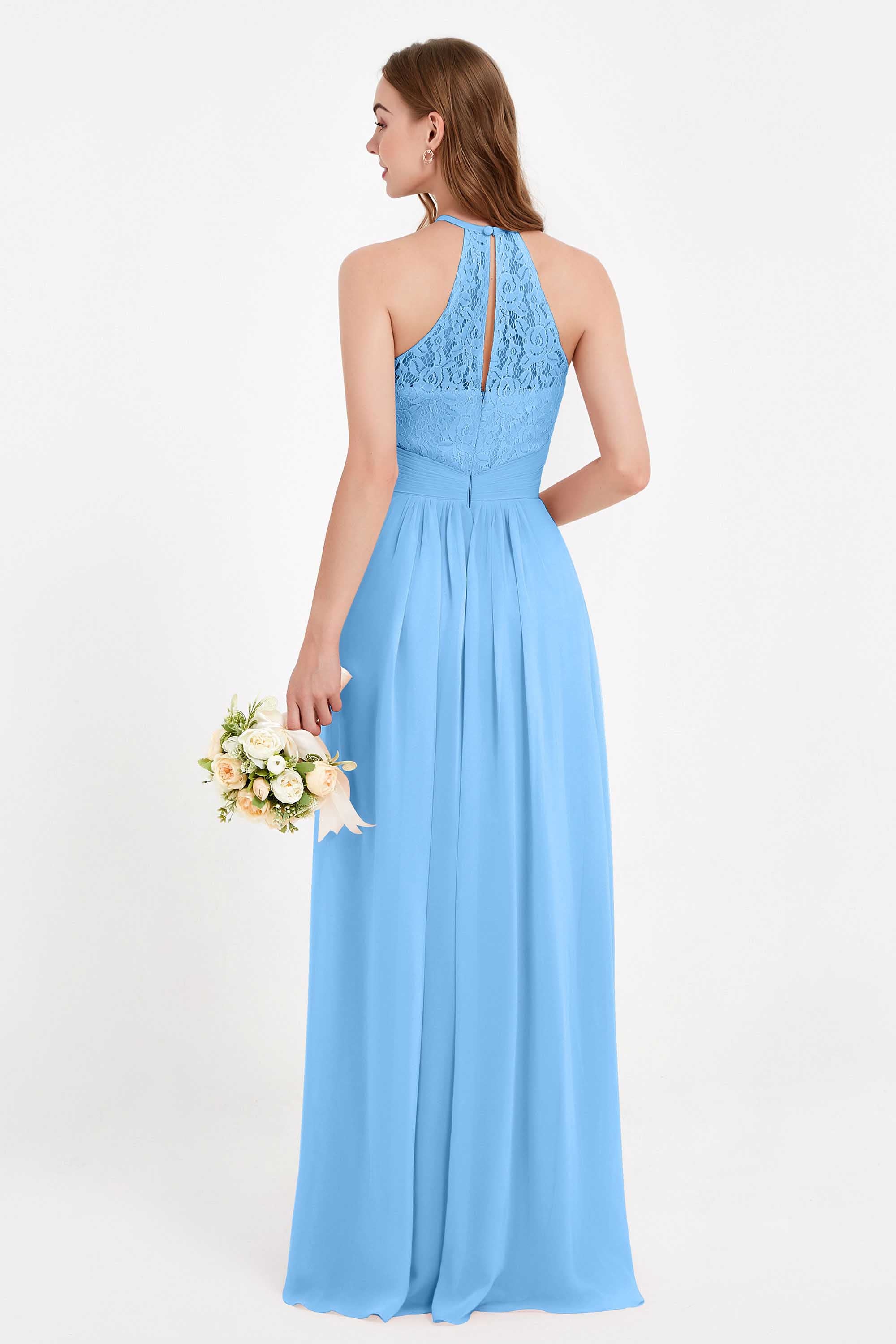 Halter Chiffon Lace Bridesmaid Dress Pleated Ruched Formal Evening Prom Dresses Gowns
