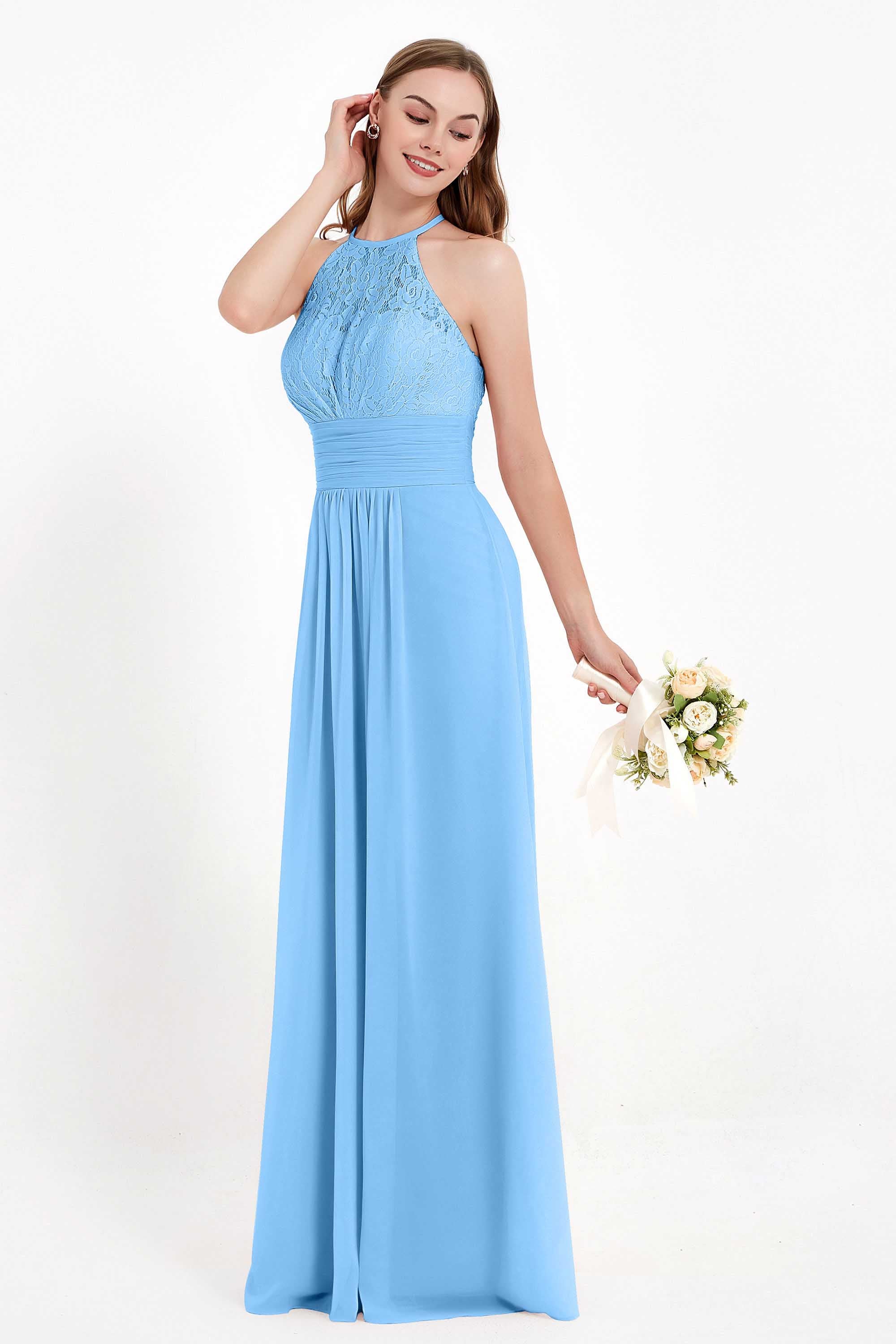 Halter Chiffon Lace Bridesmaid Dress Pleated Ruched Formal Evening Prom Dresses Gowns