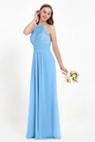 Halter Chiffon Lace Bridesmaid Dress Pleated Ruched Formal Evening Prom Dresses Gowns