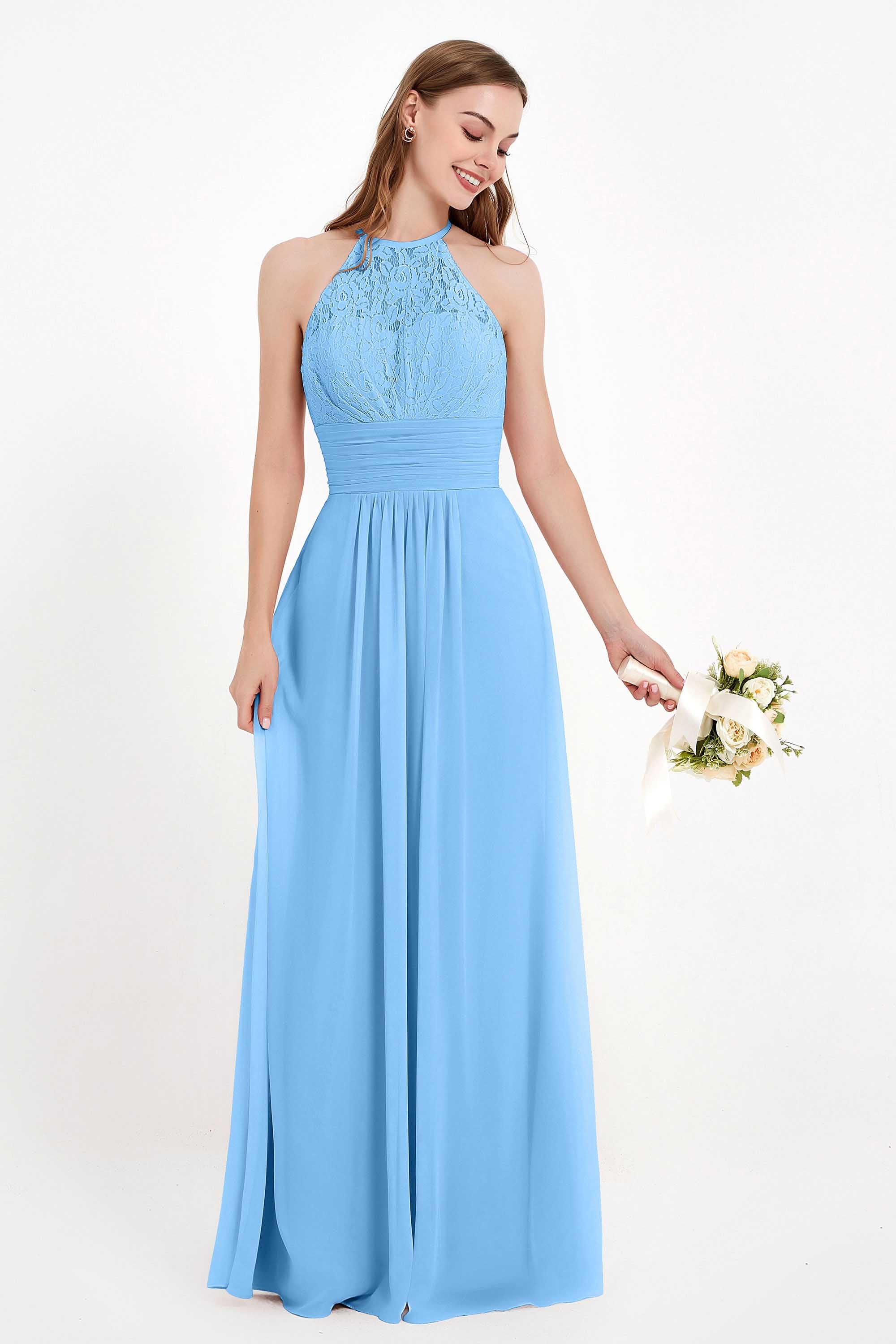 Halter Chiffon Lace Bridesmaid Dress Pleated Ruched Formal Evening Prom Dresses Gowns