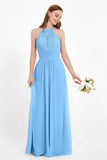 Halter Chiffon Lace Bridesmaid Dress Pleated Ruched Formal Evening Prom Dresses Gowns