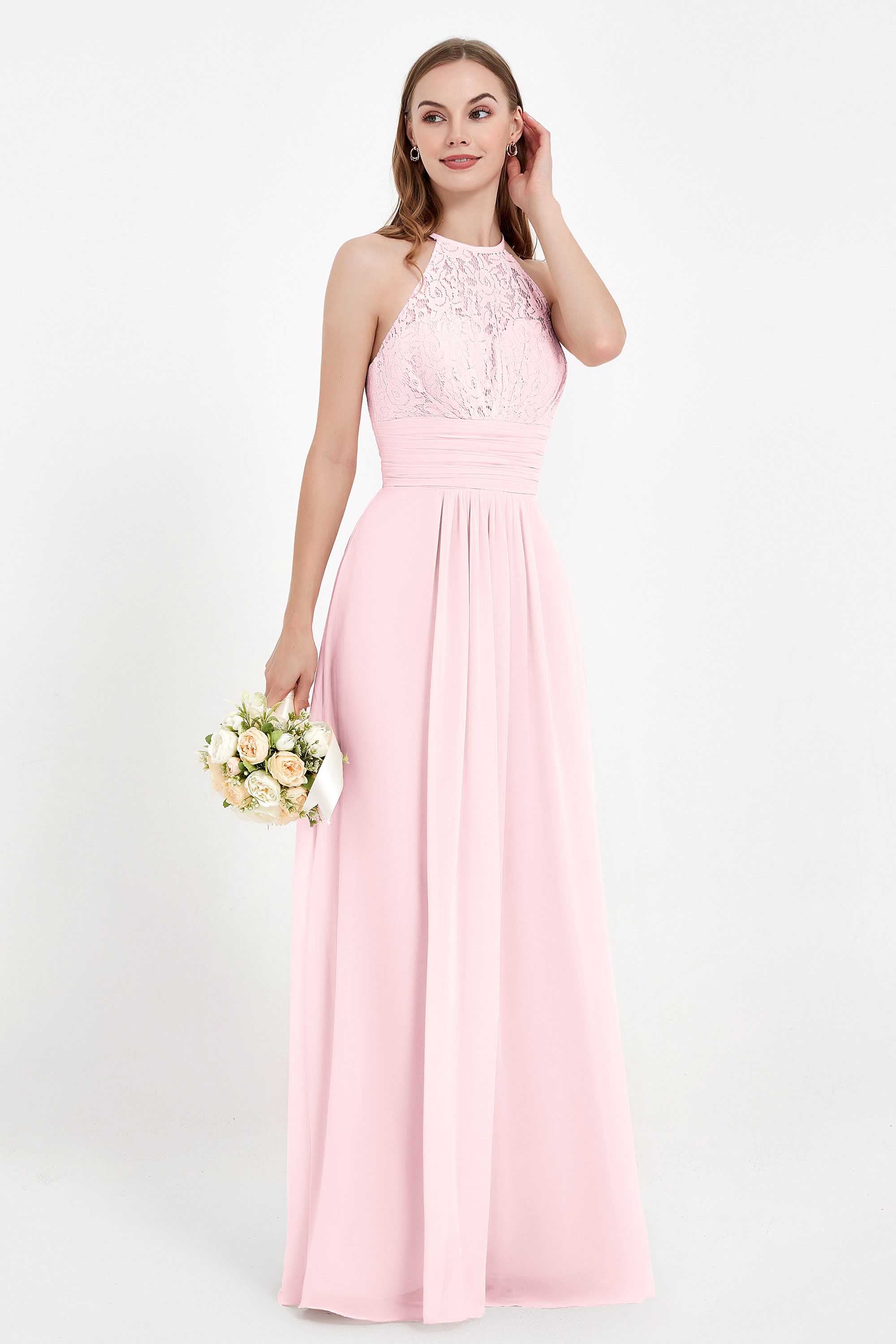 Halter Chiffon Lace Bridesmaid Dress Pleated Ruched Formal Evening Prom Dresses Gowns