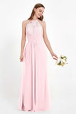 Halter Chiffon Lace Bridesmaid Dress Pleated Ruched Formal Evening Prom Dresses Gowns