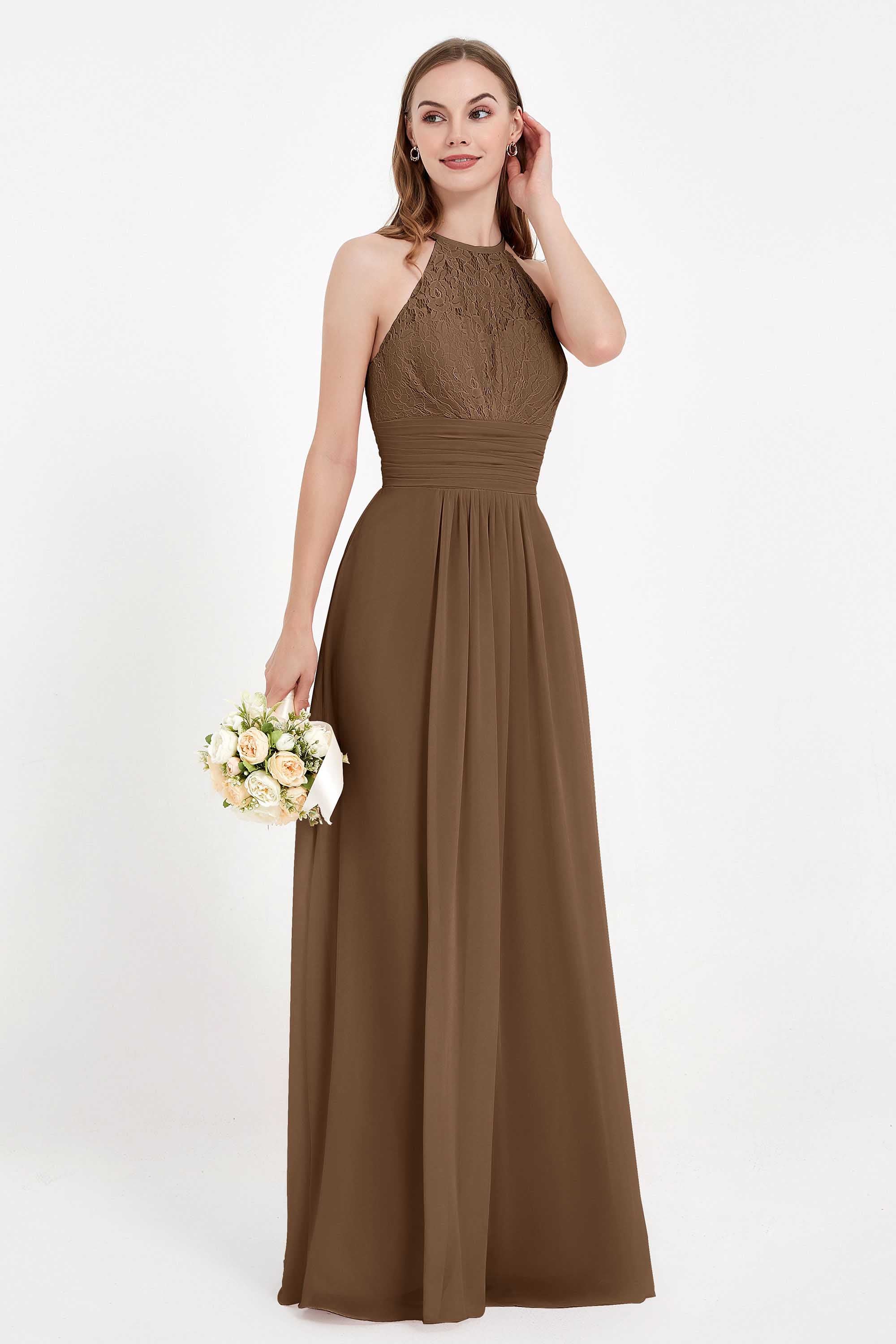 Halter Chiffon Lace Bridesmaid Dress Pleated Ruched Formal Evening Prom Dresses Gowns