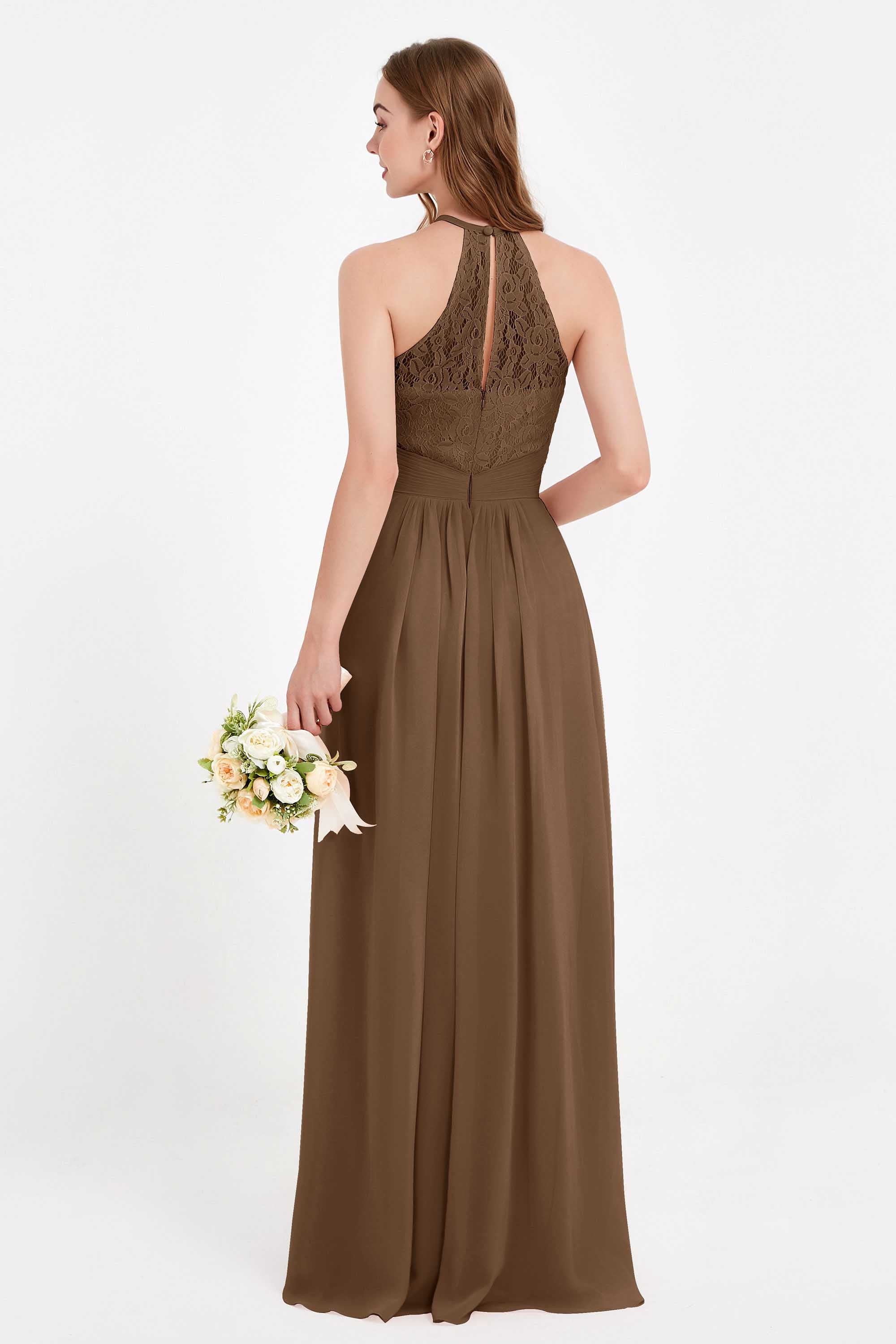 Halter Chiffon Lace Bridesmaid Dress Pleated Ruched Formal Evening Prom Dresses Gowns