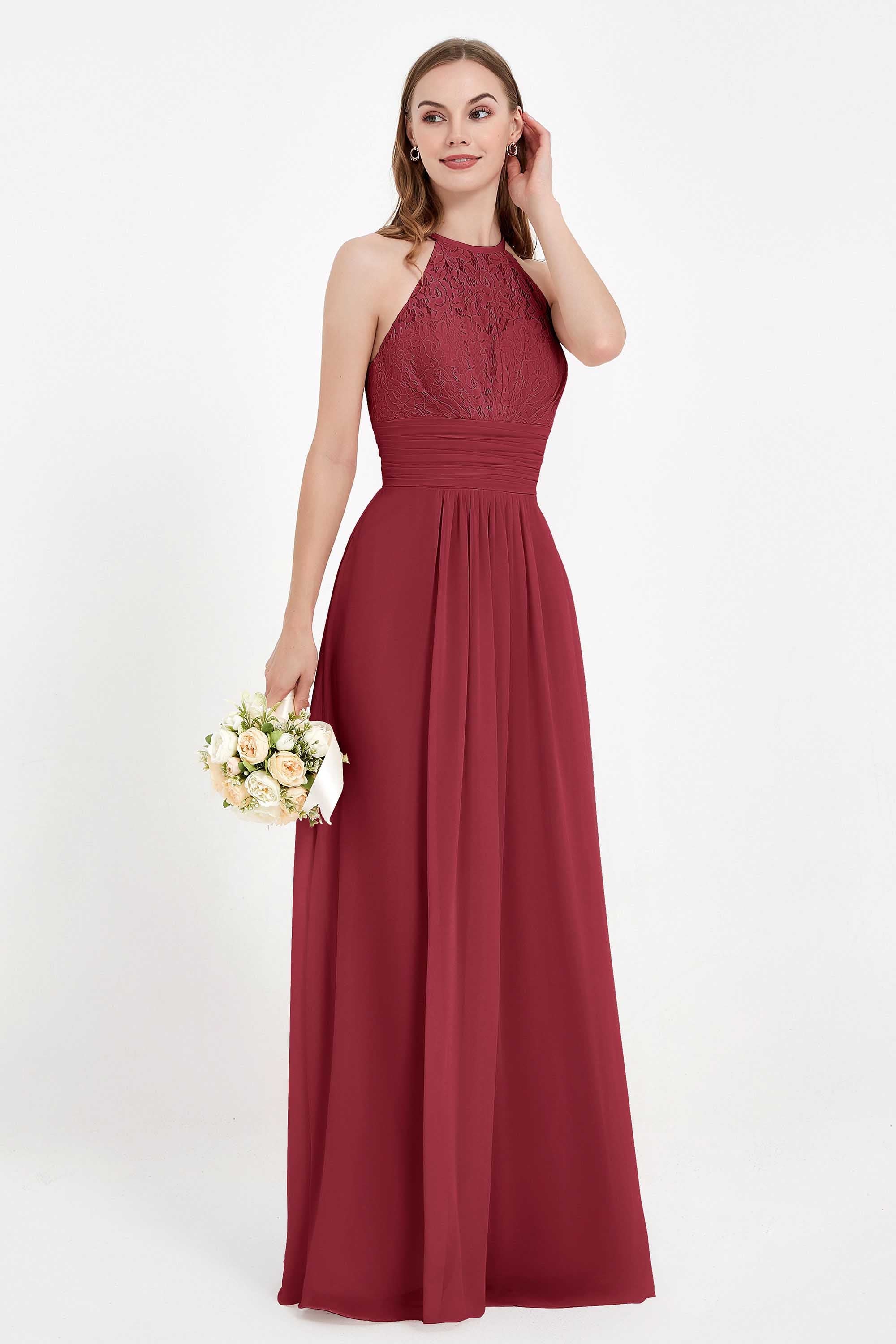 Halter Chiffon Lace Bridesmaid Dress Pleated Ruched Formal Evening Prom Dresses Gowns