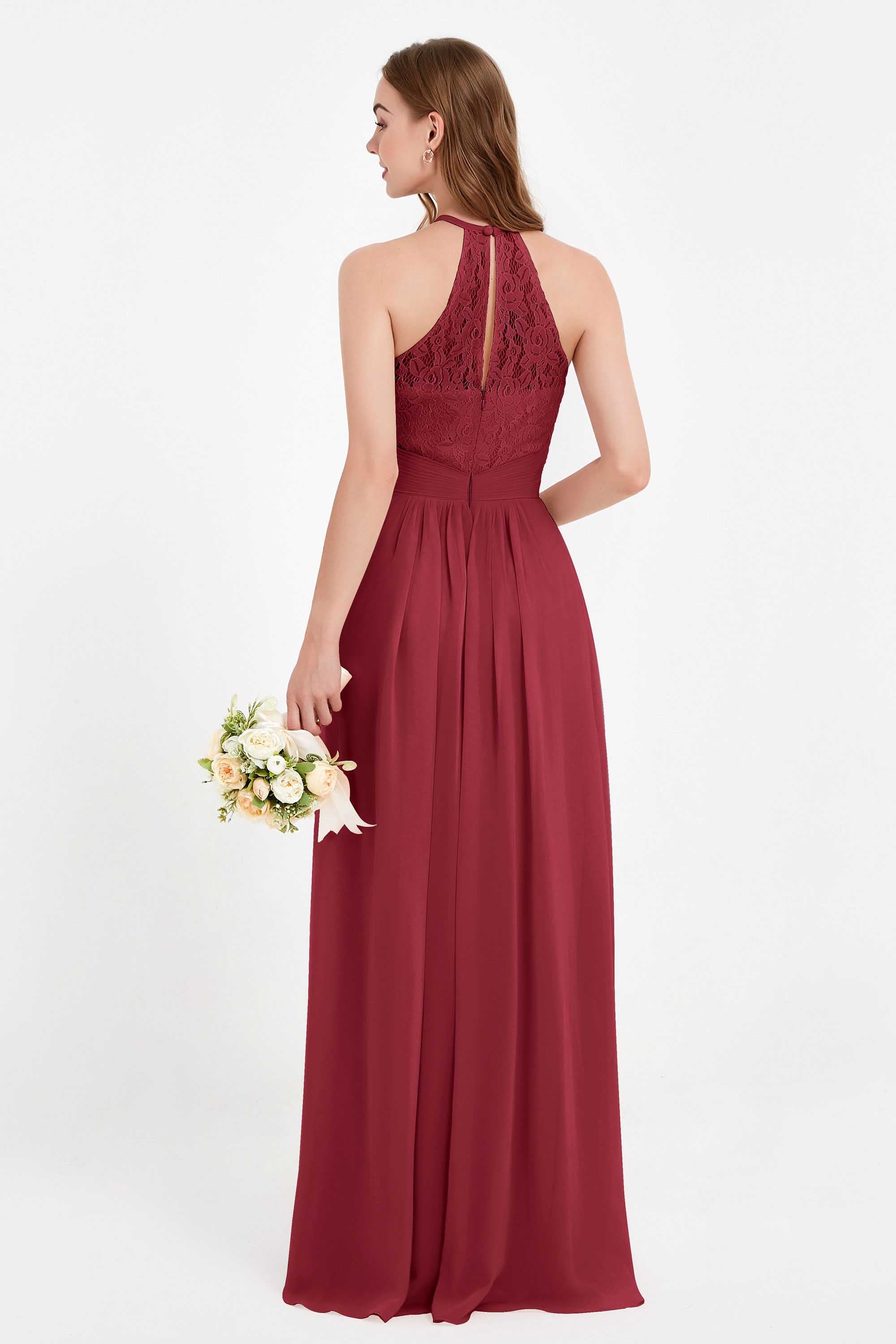 Halter Chiffon Lace Bridesmaid Dress Pleated Ruched Formal Evening Prom Dresses Gowns