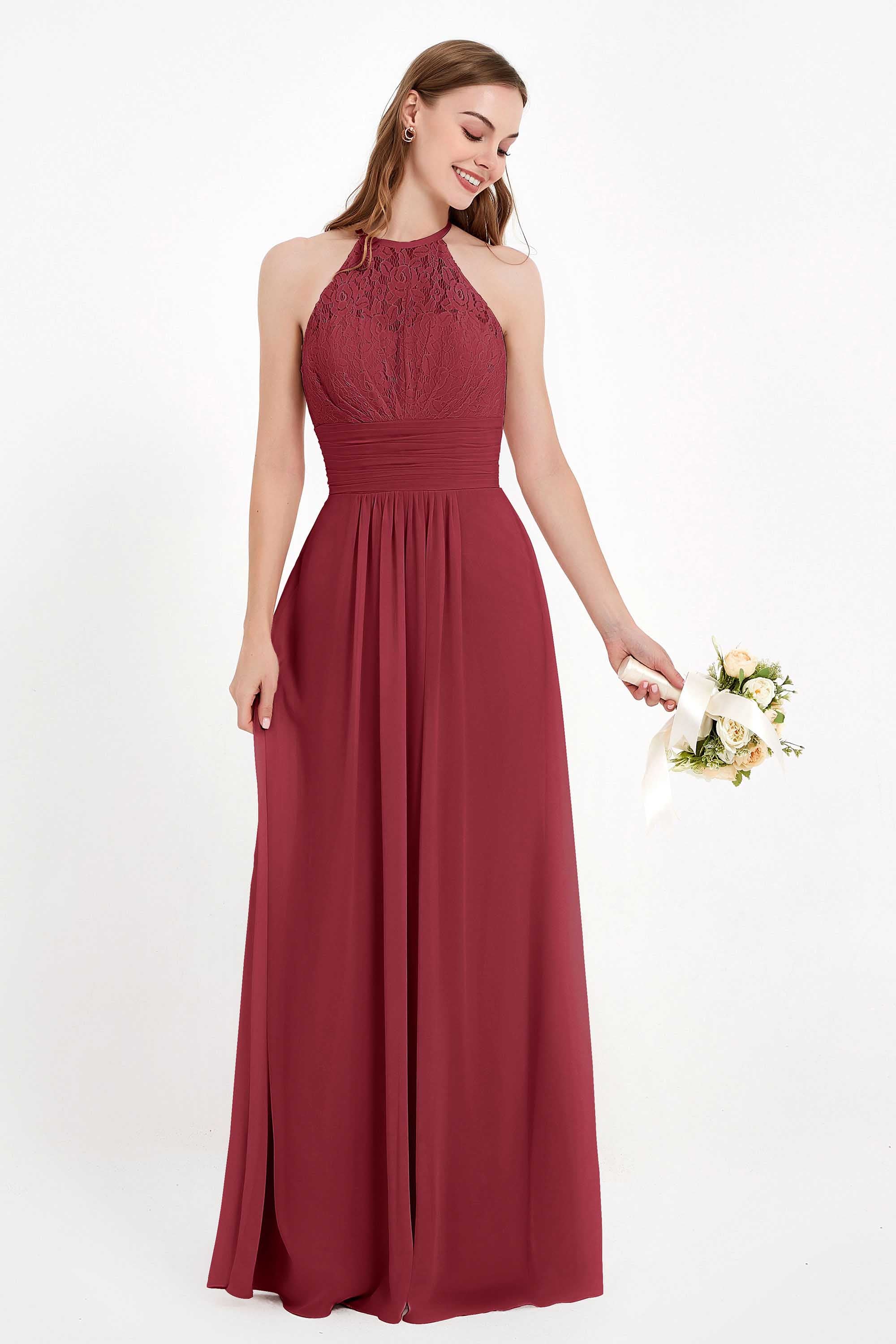 Halter Chiffon Lace Bridesmaid Dress Pleated Ruched Formal Evening Prom Dresses Gowns