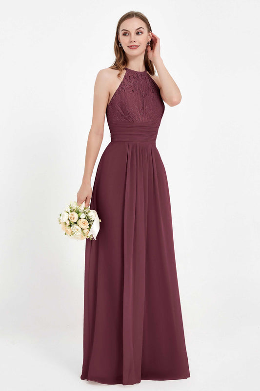 Halter Chiffon Lace Bridesmaid Dress Pleated Ruched Formal Evening Prom Dresses Gowns