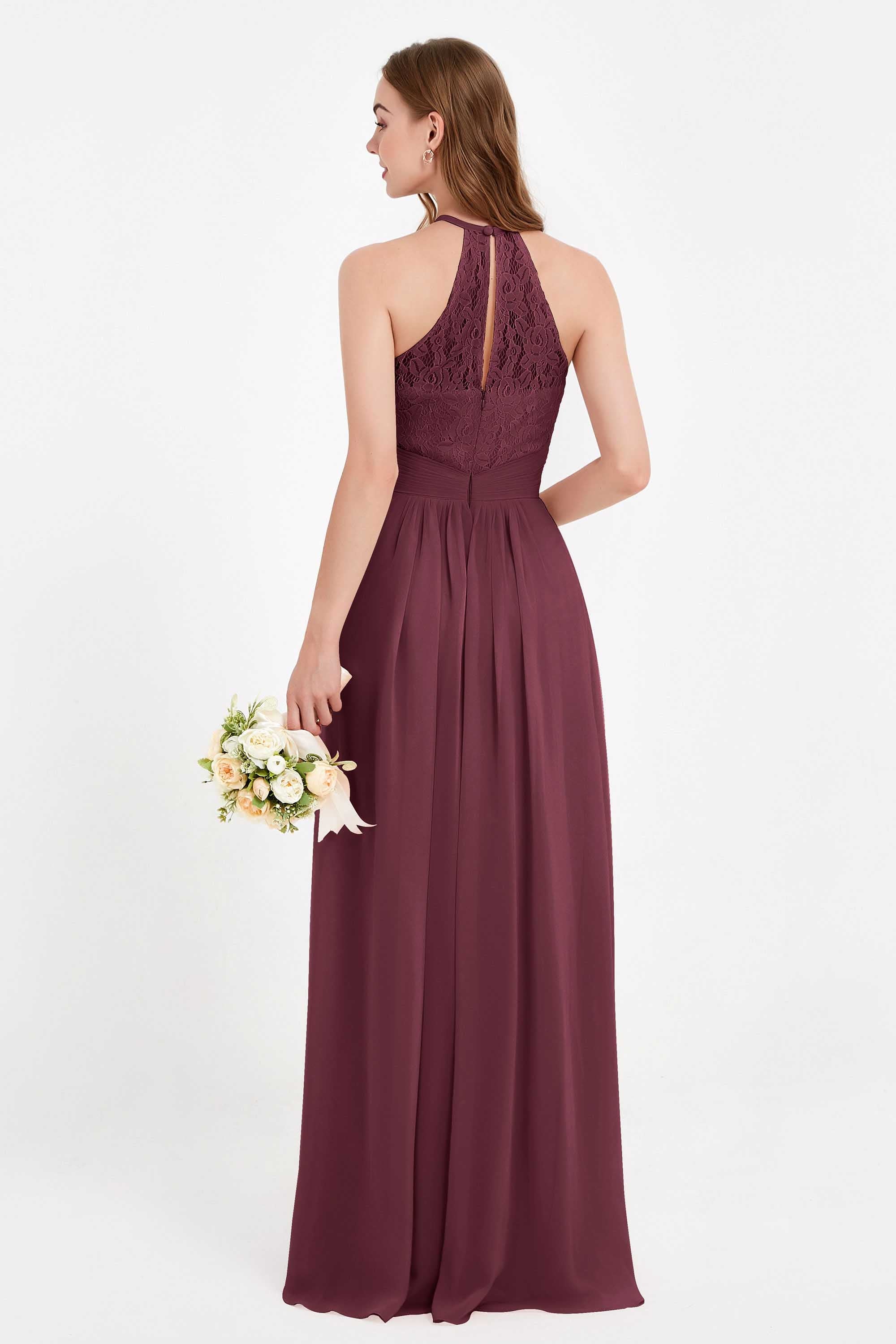 Halter Chiffon Lace Bridesmaid Dress Pleated Ruched Formal Evening Prom Dresses Gowns