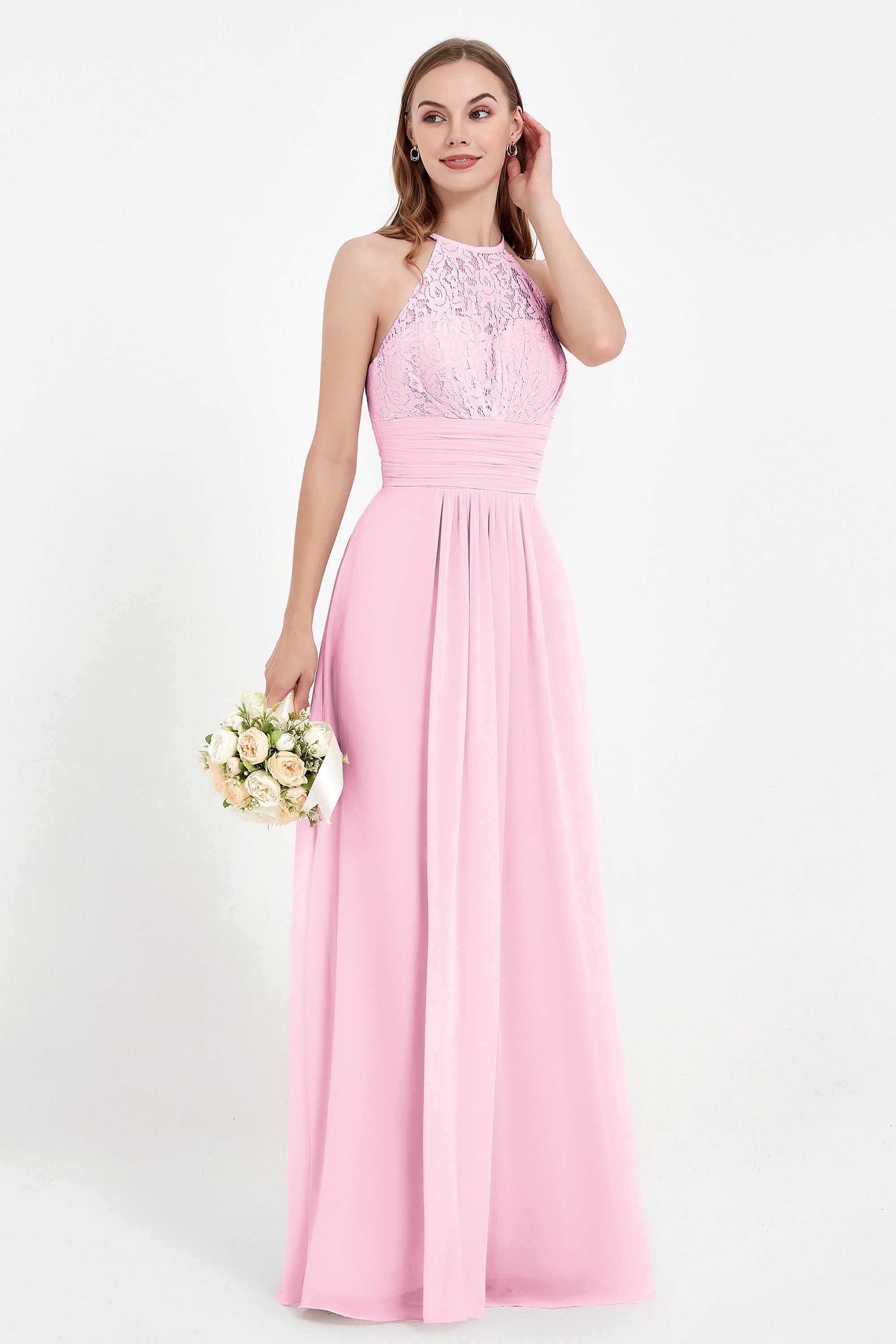 Halter Chiffon Lace Bridesmaid Dress Pleated Ruched Formal Evening Prom Dresses Gowns