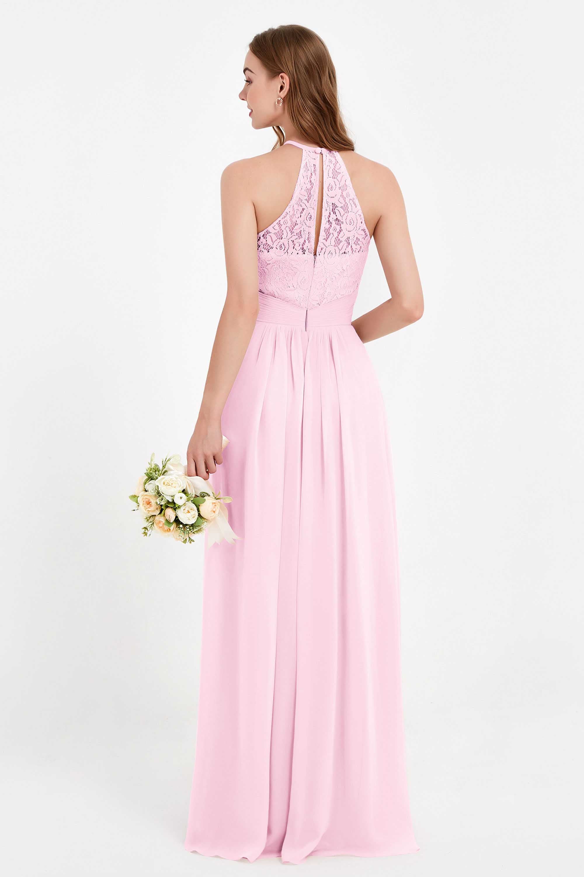 Halter Chiffon Lace Bridesmaid Dress Pleated Ruched Formal Evening Prom Dresses Gowns