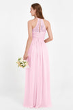 Halter Chiffon Lace Bridesmaid Dress Pleated Ruched Formal Evening Prom Dresses Gowns