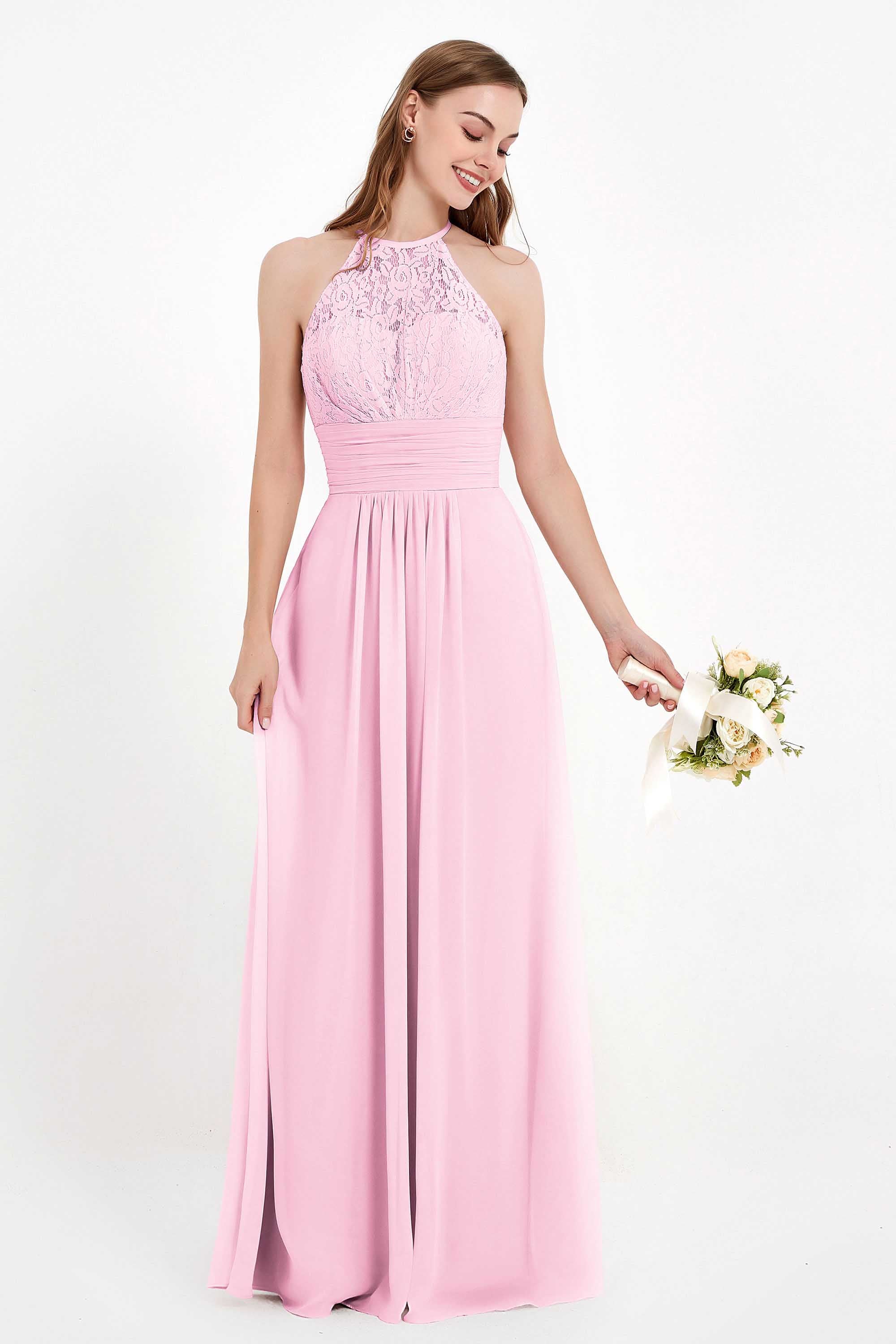 Halter Chiffon Lace Bridesmaid Dress Pleated Ruched Formal Evening Prom Dresses Gowns