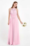 Halter Chiffon Lace Bridesmaid Dress Pleated Ruched Formal Evening Prom Dresses Gowns
