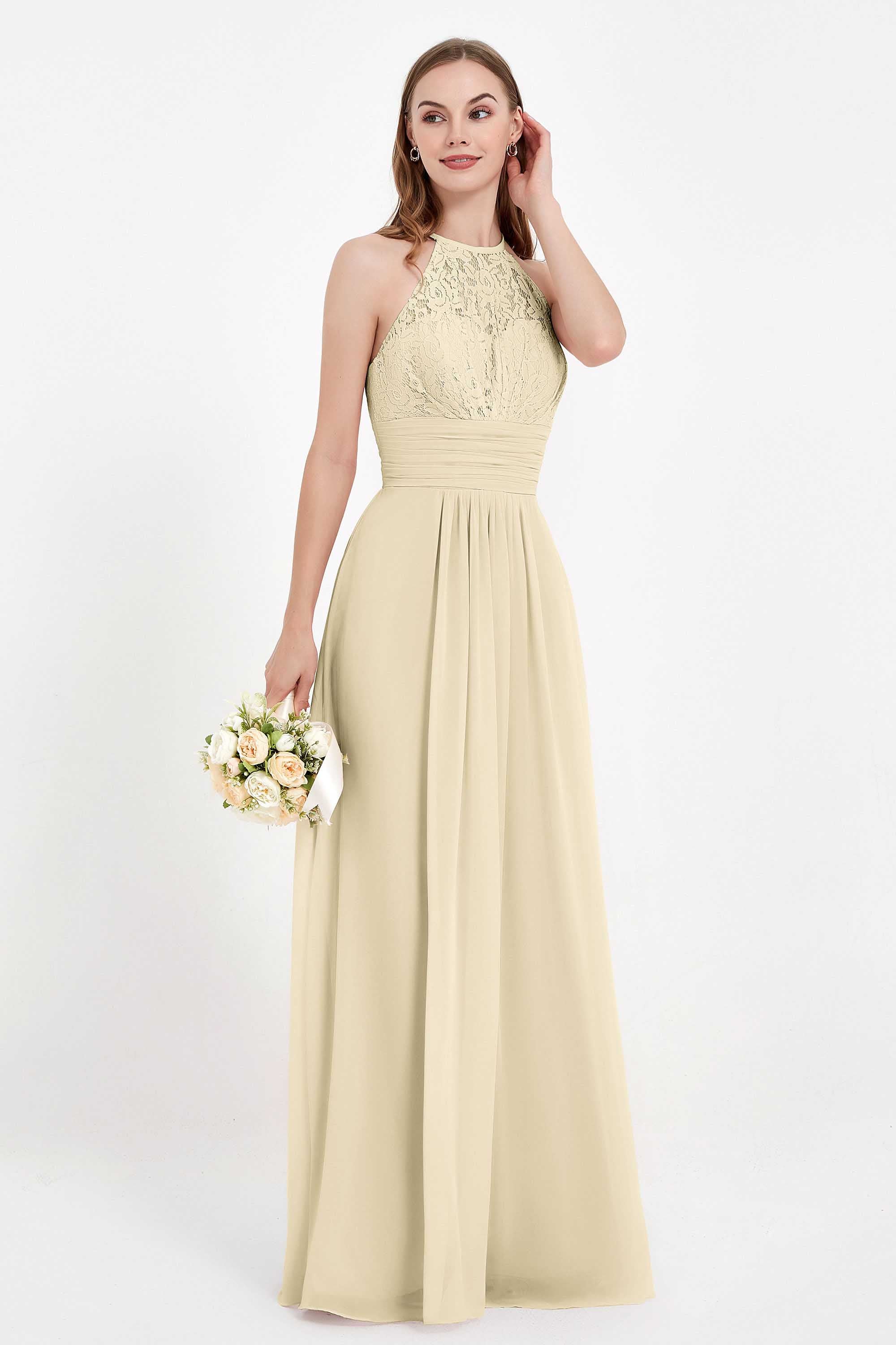 Halter Chiffon Lace Bridesmaid Dress Pleated Ruched Formal Evening Prom Dresses Gowns